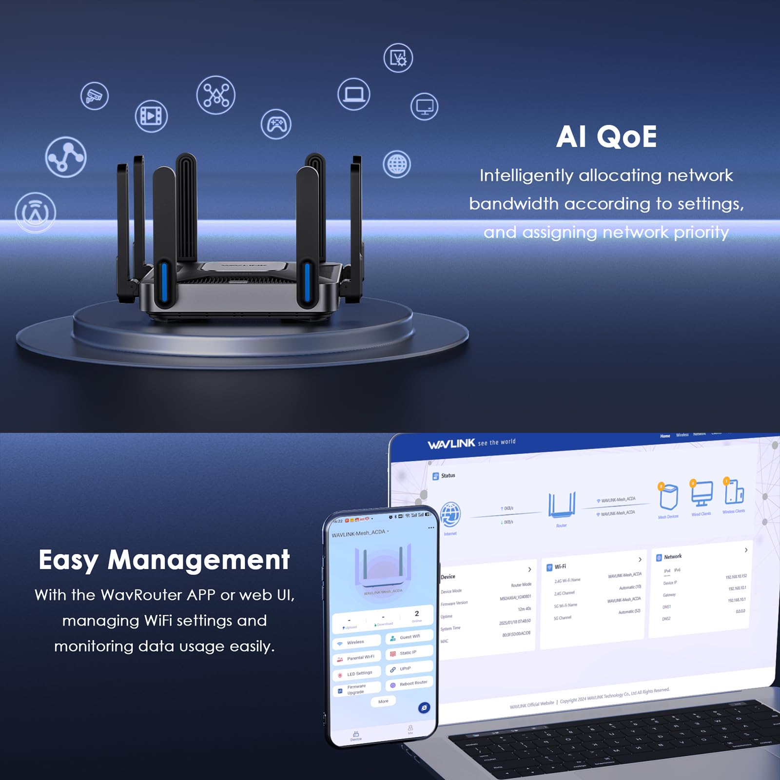 WAVLINK Dual Band AX6000 WLAN Router, 5950 Mbps WiFi 6 Gaming Router, 5GHz/4803Mbit/s + 2.4GHz/1147Mbit/s, 8x5dBi Antennen, MU-MIMO, Beamforming, 2.5G WAN/LAN, Keine DSL/Modem Funktion