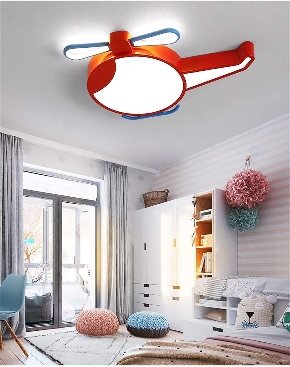 LED Dimming with Remote Control Ceiling Lamps, Fashion Boy Girl Acrylic Aircraft Lighting Iron Chandeliers Nursery Aisle Pendant Light (Color : Red)