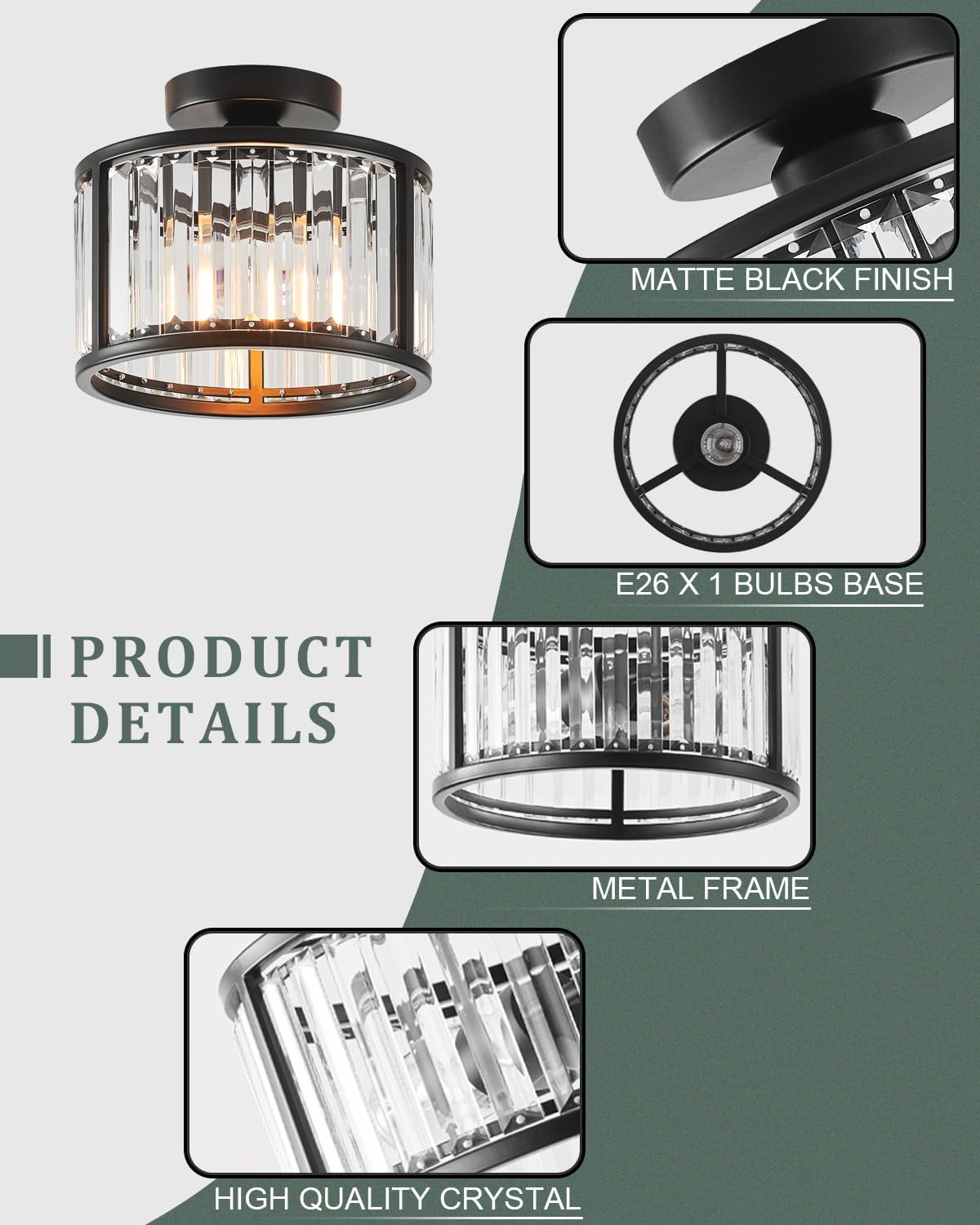 Black Flush Mount Ceiling Light, 2- Light Caged Crystal Chandelier, Small Drum Hallway Light fixtures Ceiling Mount (8.6 INCH Black)