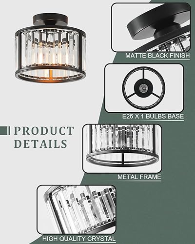 Miniatura 3 de Lámpara de techo negra empotrada, lámpara de cristal enjaulada de 2 luces, lámpara de pasillo de tambor pequeño, montaje de techo (8.6 pulgadas,