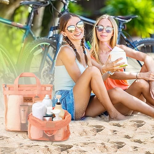 Miniatura 7 de 1 bolsa portátil de malla para ducha de secado rápido, organizador de baño para viajes y natación con cremallera (polvo coral)