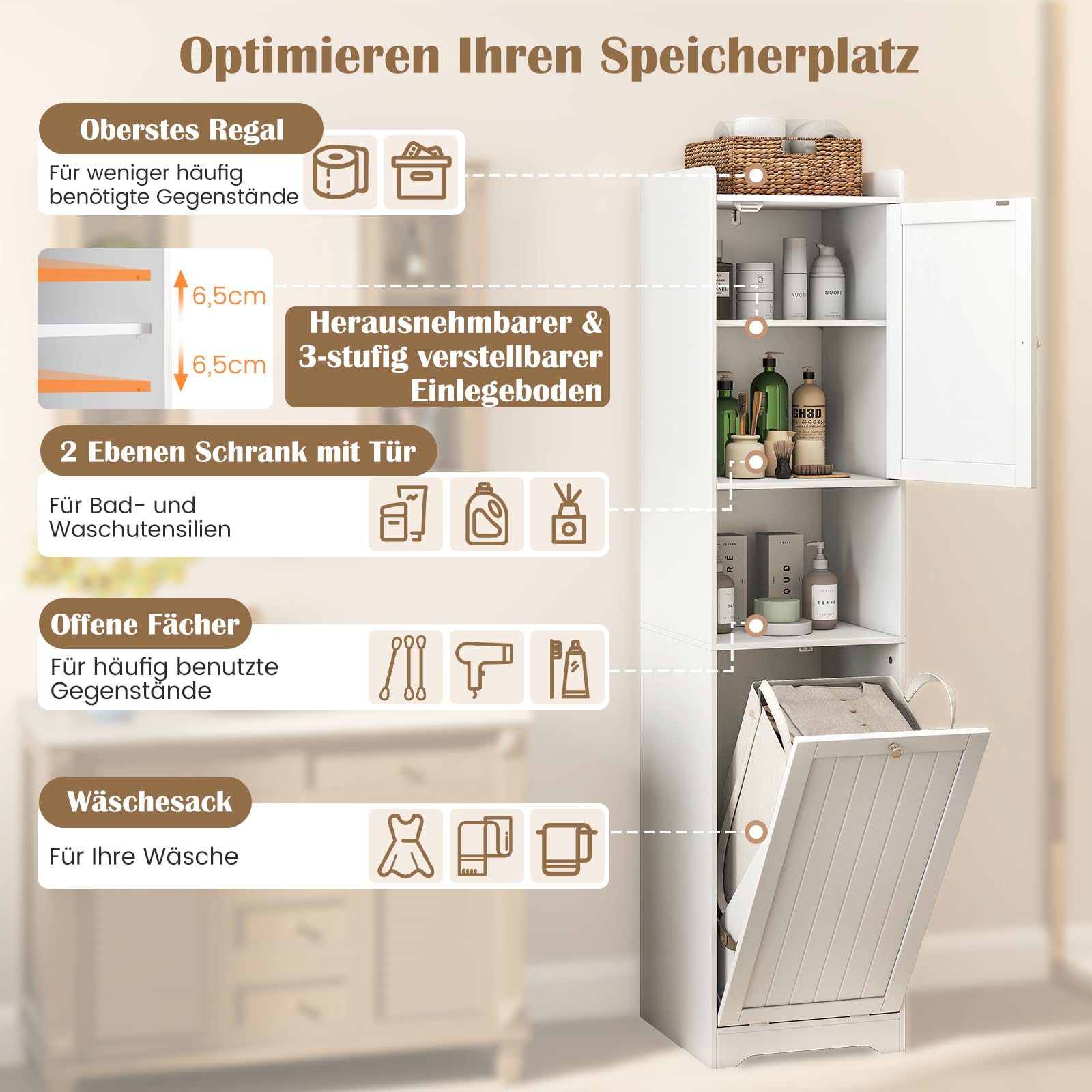 COSTWAY Bad Hochschrank mit Wäschekorb, Badezimmerschrank mit verstellbarem Regal & offenem Fach, Badschrank Holz, inkl. 48L herausnehmbarer Wäschesack, 40 x 40 x 170cm (Weiß)