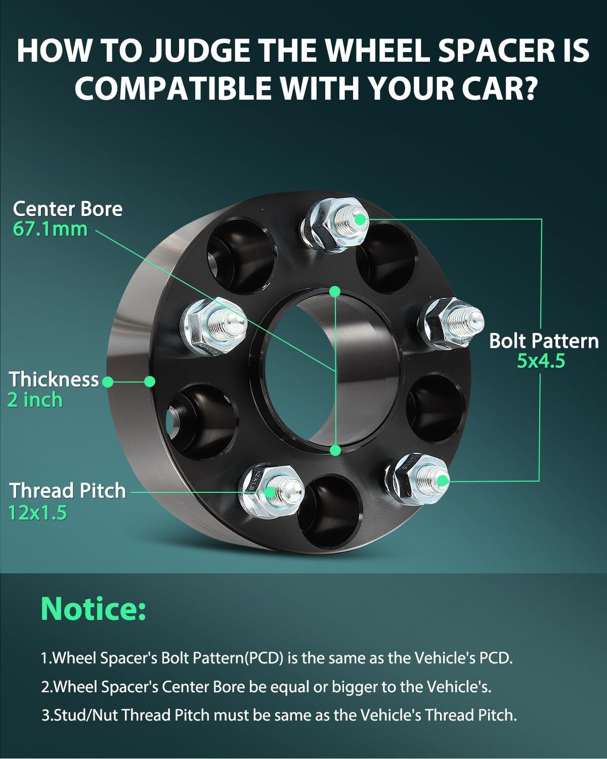 SCITOO 2Pcs Wheel Spacers 2" 5x4.5 Bore 67.1mm Studs 12x1.5 5Lug Wheel Spacers Adapters Fit for for Ford Escape for Ford Fusion for Ford Probe for Jeep Compass for Jeep Patriot for Hyundai - Image 2