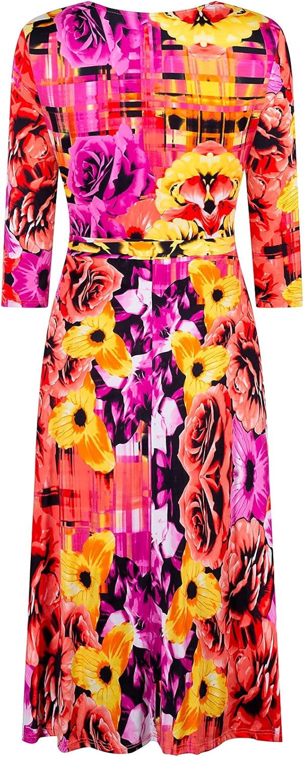 Women's #MadeInUSA 3/4 Sleeve Faux Wrap Midi Dress Knee Length
