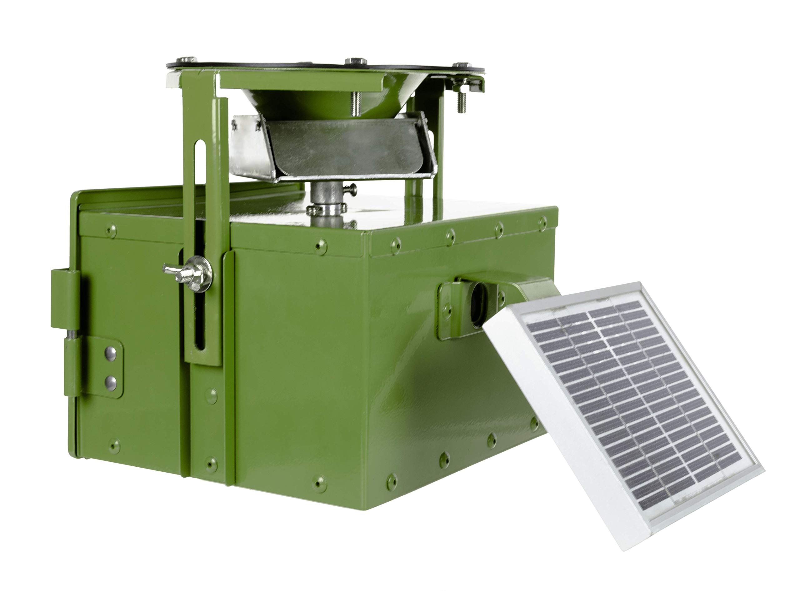 EURO HUNT Futterautomat Pro 12V, Komplettset, Automat für Tierfütterung mit Solarpanel & 12V-Akku + Ladegerät, wetterfest, grün, ca. 22,5x20,5x18cm