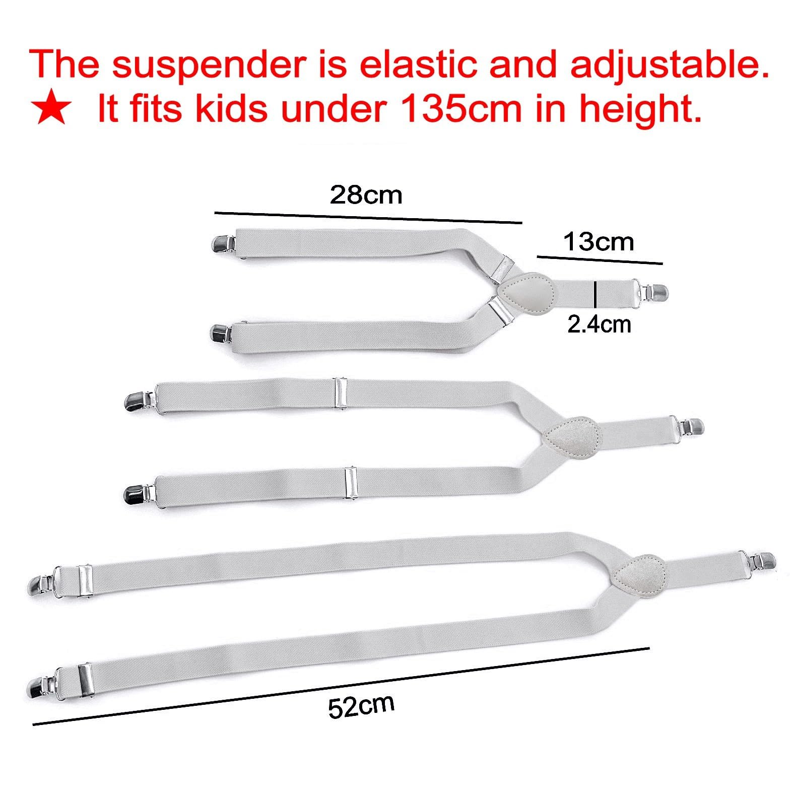 Juego de pajarita y tirantes gris claro para niños, forma Y, 3 clips ajustables, talla 135 cm