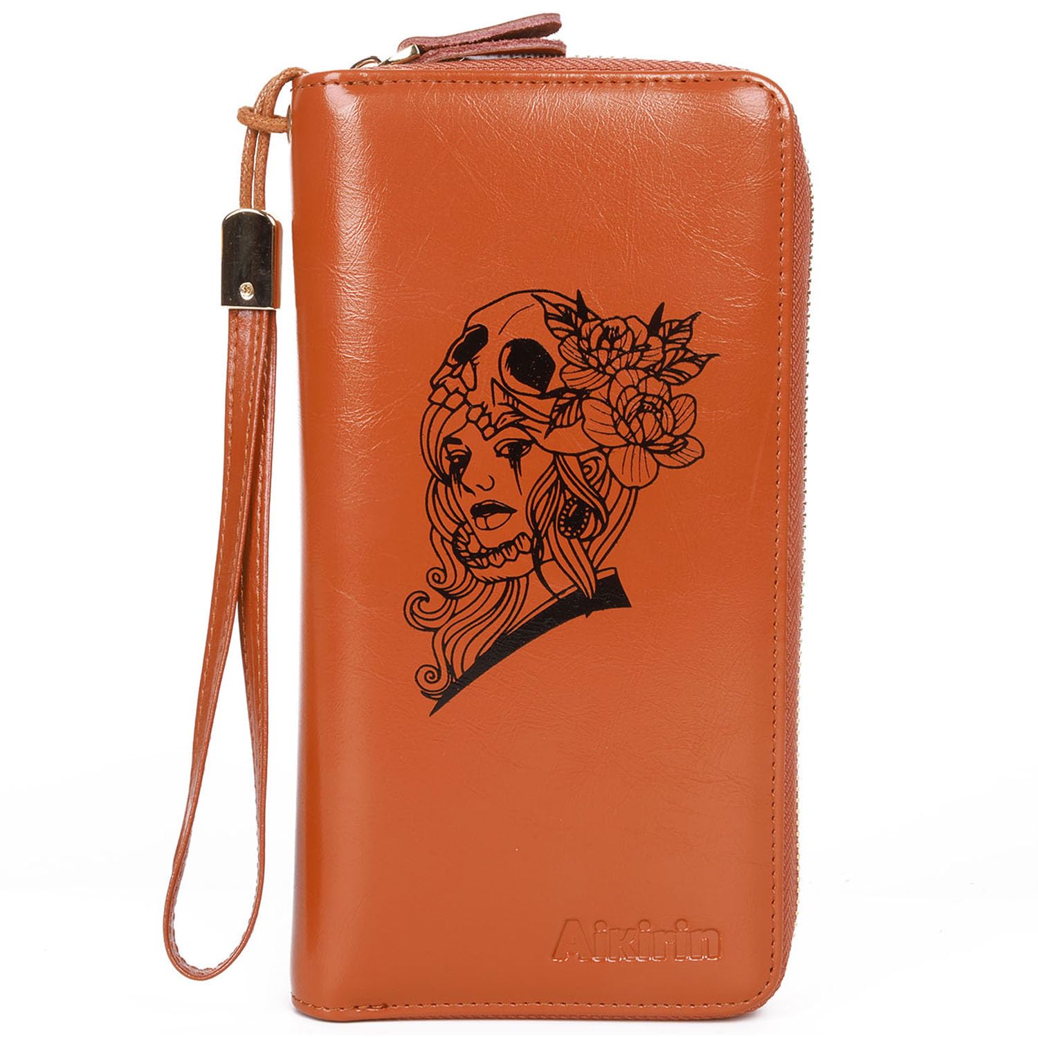 Aikirin Creative Women Leather Wallet RFID Blocking Zipper Wristlet Clutch Cards Holder with Phone Pocket (brown-skull beauty)