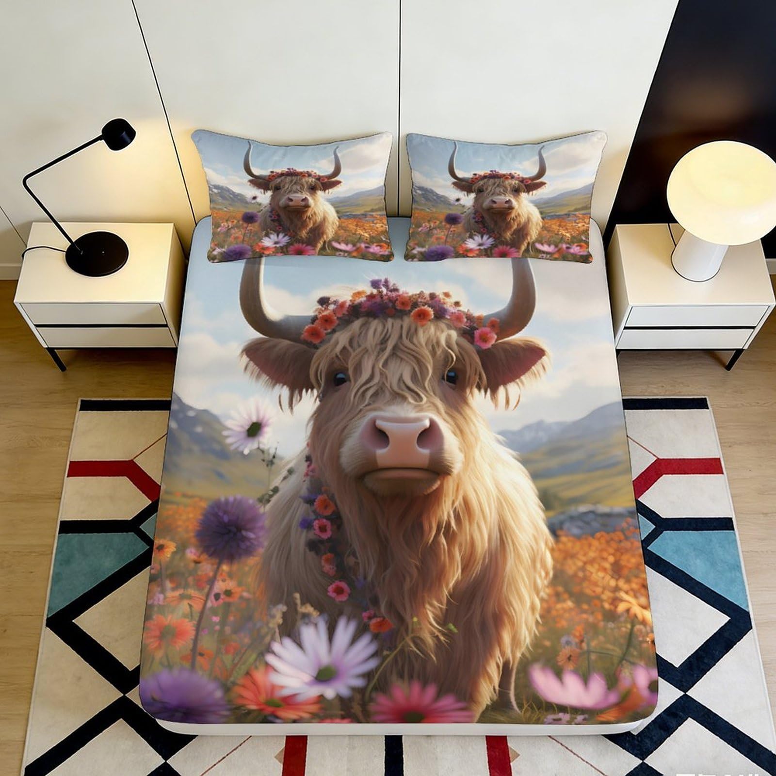 3D Printed Highland Cow Floral Fitted Sheet Microfiber Anti-Slip Mattress Cover for Bedroom Guest Room Decor 120x200cm 180x200x25cm