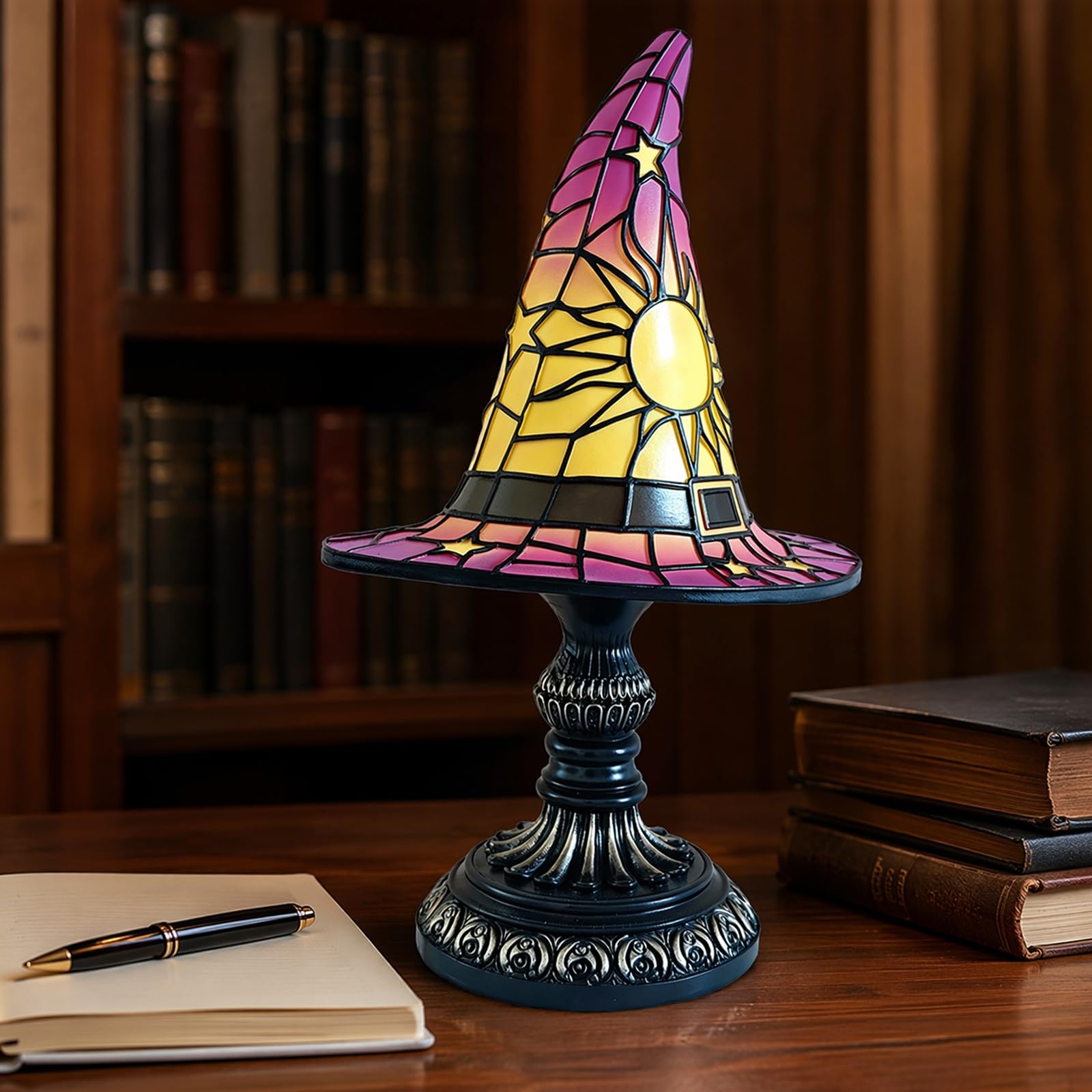 WMFASBAG Stained Glass Witch Hat Lamp, Handcrafted Gothic Witch Hat Table