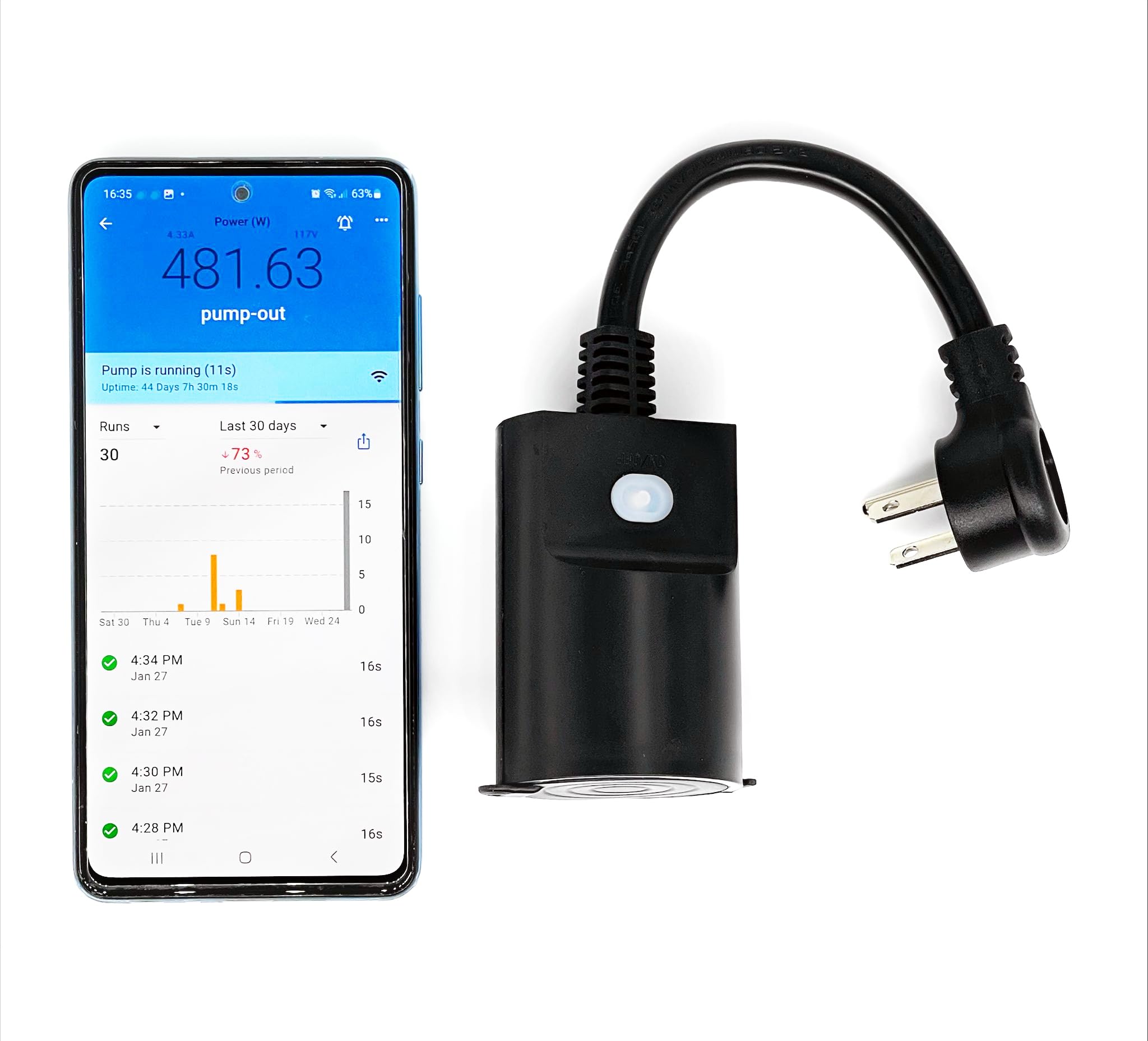 Sump Pump Monitor & Alarm (Outdoor) – Prevent Flooding with Dry Run, Overload and Power Outage Alerts – No Water Level Sensors Needed, Smart Wi-Fi Energy Monitoring Plug