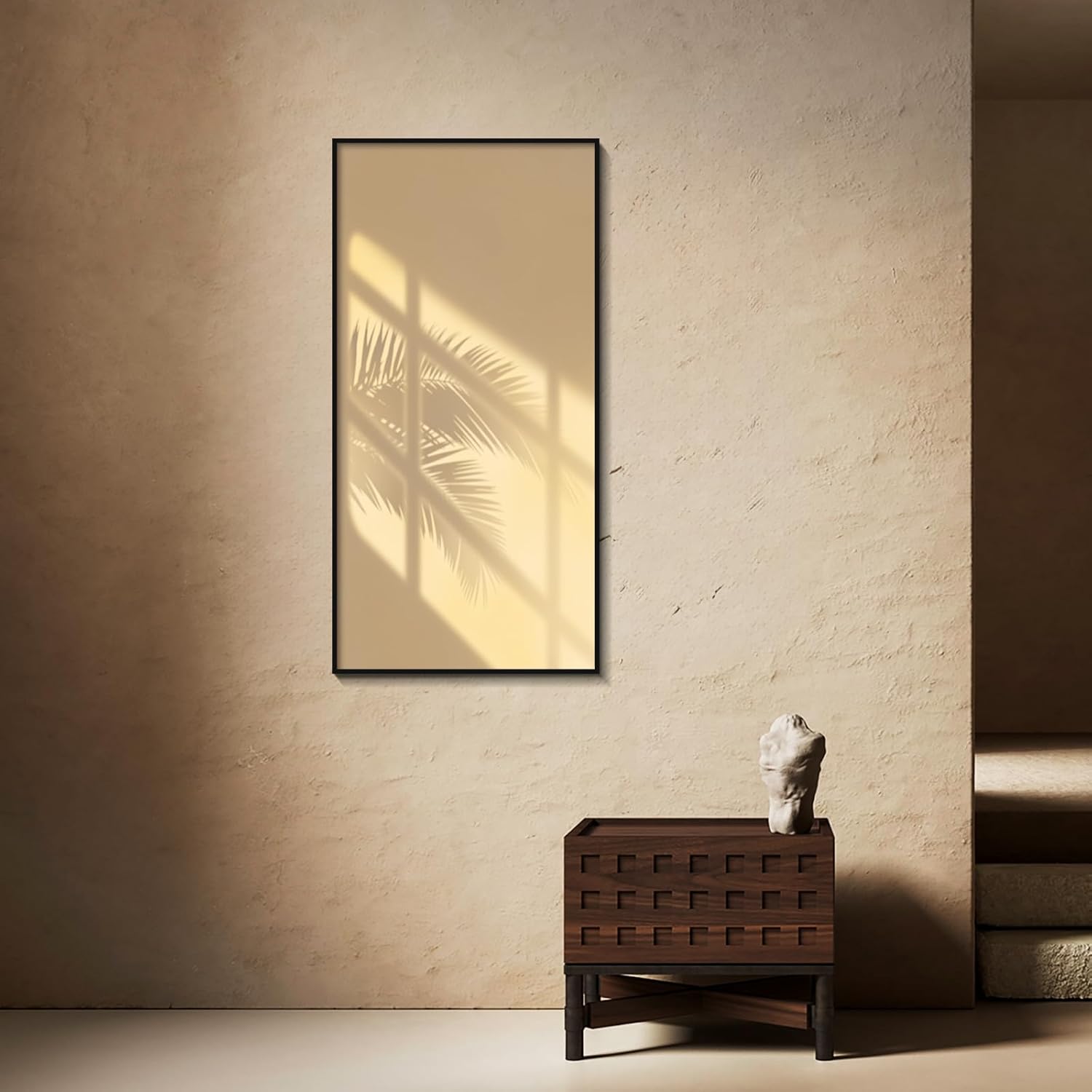 YOOSART Sunny Palm Leaf Shadow Wall Art large metal wall art- Warm Beige Window Light Canvas Print with Black Frame for Living Room, Bedroom, Coastal Decor (M4531, 15.75'x31.5)