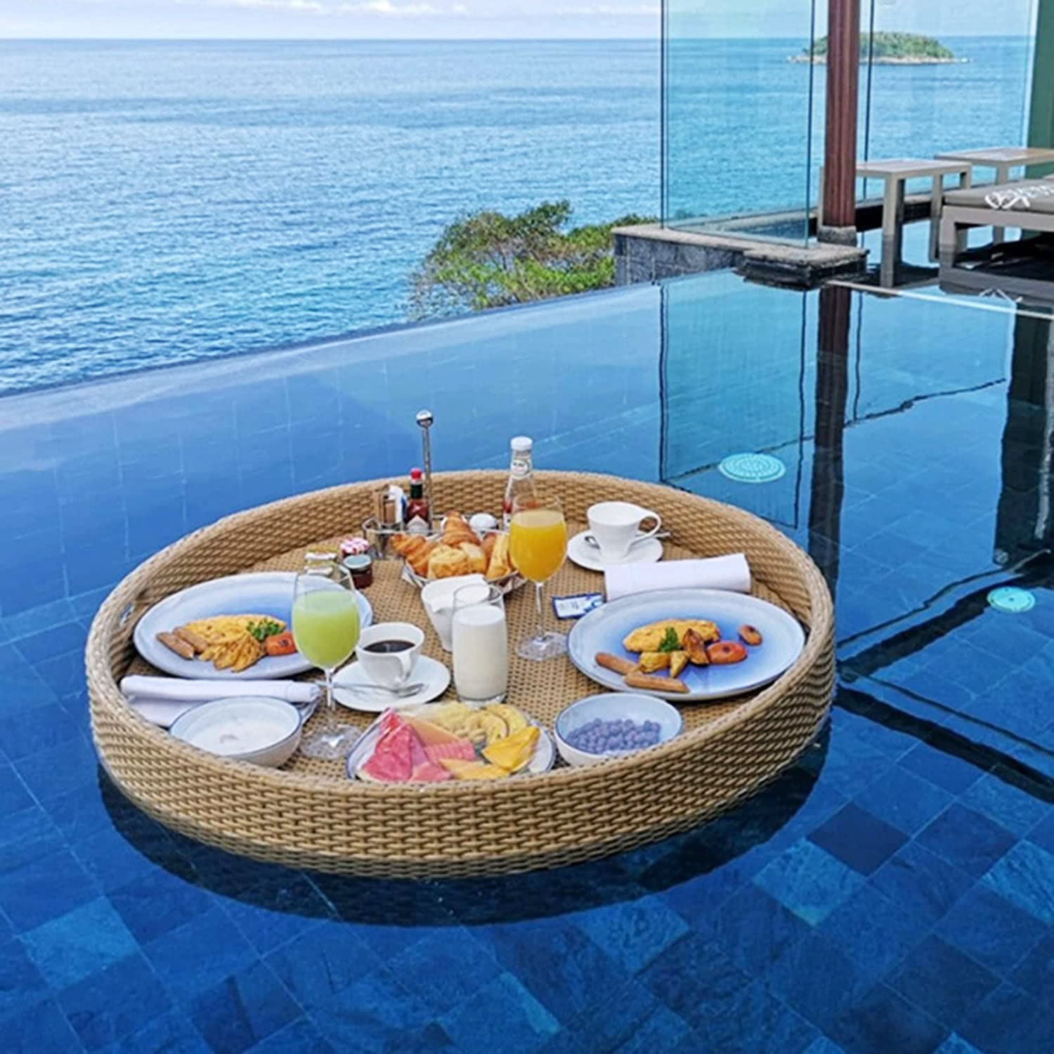 DFGHNBVC Floating Tray Round Rattan Woven Serving Tray Rattan Floating Breakfast Tray With Handles,Swimming Pool Floats,For Pool Serving Drinks,Brunch,Food On The Water,Apricot-80 * 80 * 20Cm