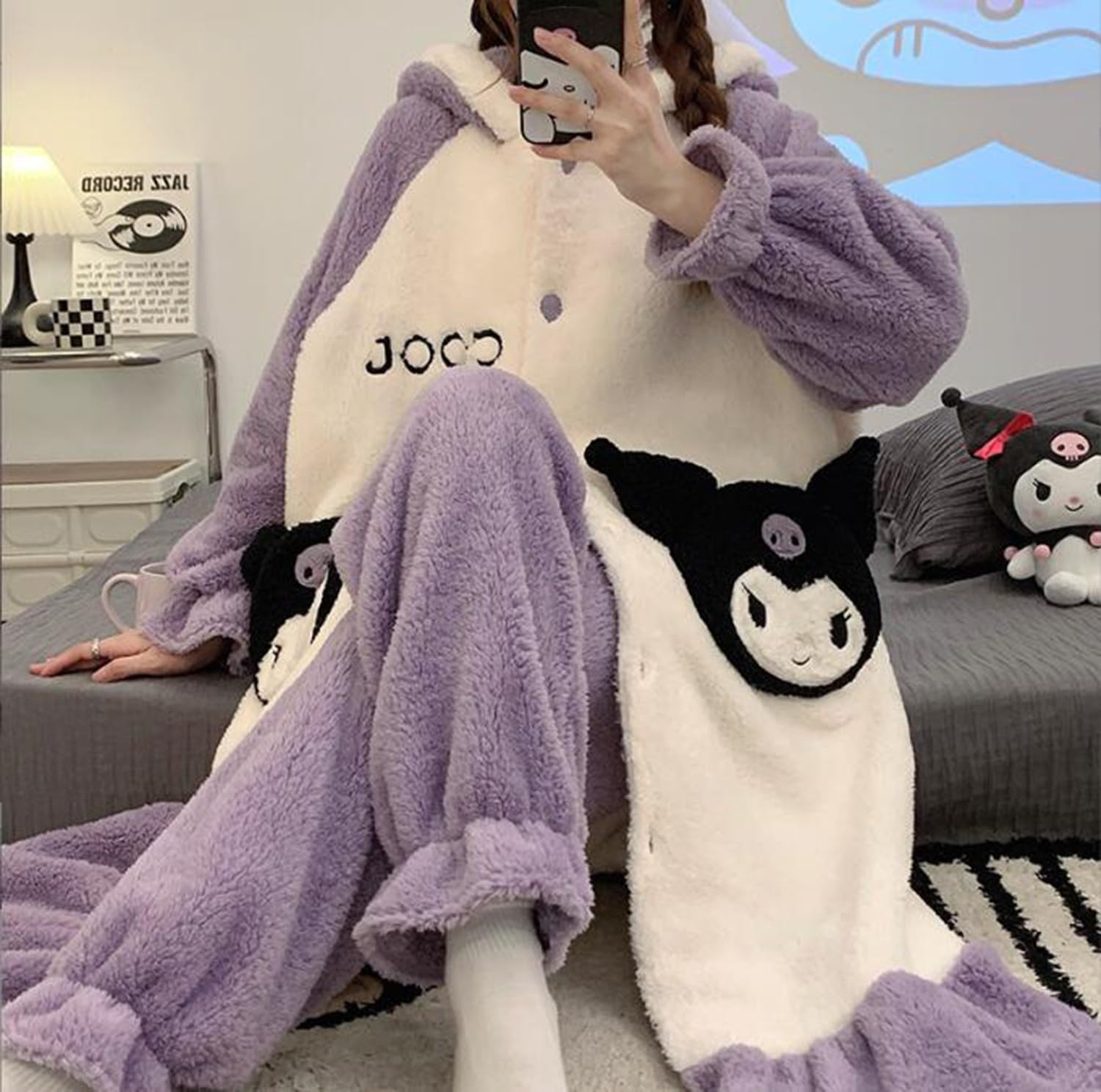 My Melody Pyjama Femme Hiver en Flanelle Peignoir de Bain avec Capuche Polaire Chaude Robe de Chambre et Pantalon Long 2 Pièces Ensemble de Pyjam Vêtements de Nuit