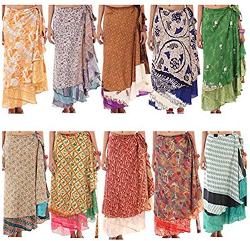 Wrap Around Skirt Maxi Magic Long Length Wholesale lot of 10 Pcs Reversible Two Layer Multicolor Free Size