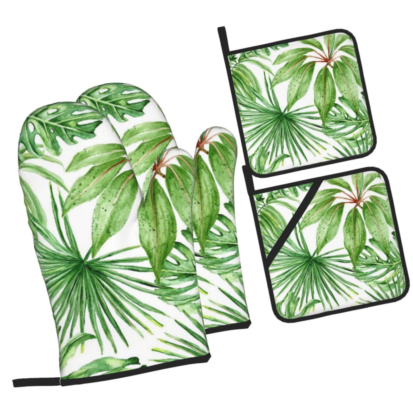 Tropical Palm Banana Leaves Printed Oven Mitts and Pot Holders Heat Resistant Set of 4 Pcs, Modern Kitchen Gloves & Potholders for Cooking Baking Grilling