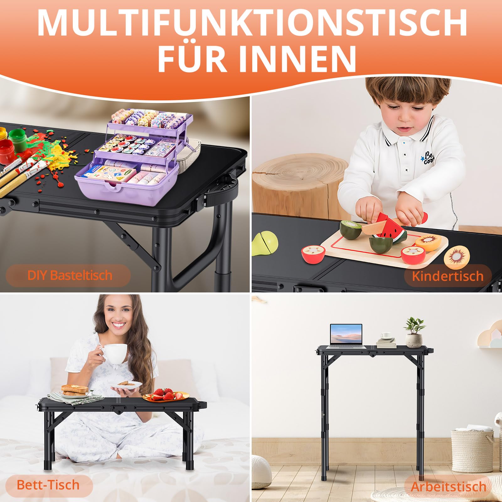FUNYKICH Campingtisch Klapptisch 58x40cm, Faltbarer Grilltisch mit 3 Höhen Verstellbarer(26/48/70cm), Aluminium Tragbar Falttisch, MDF Platten Multifunktionstisch für Picknick Camping Balkon - Schwarz