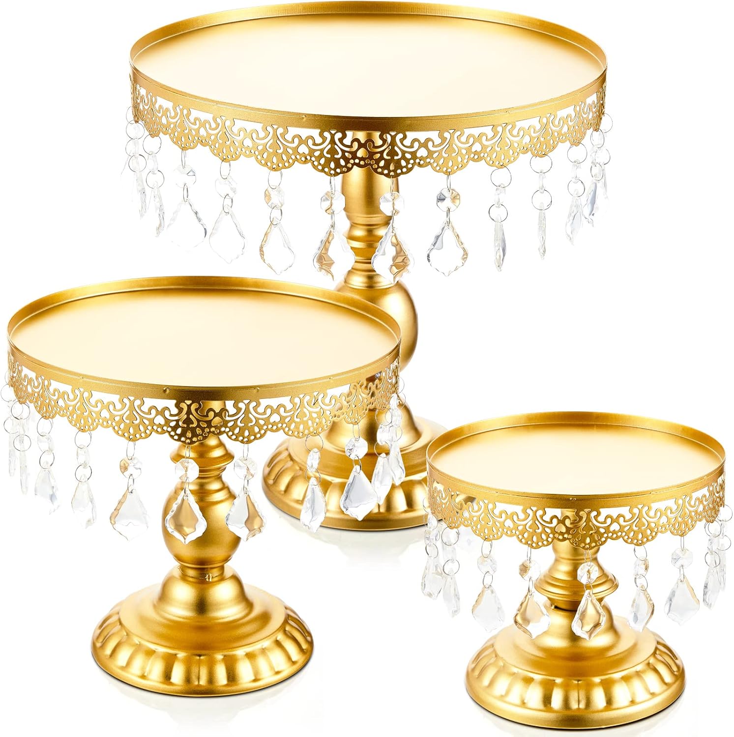 (Incomplete)Eaasty 3 Pcs Cake Stand Set Round Cake Stand with Crystal Bling Pendants Dessert Table Display Set for Wedding Event Birthday Party Dessert Table(Gold)