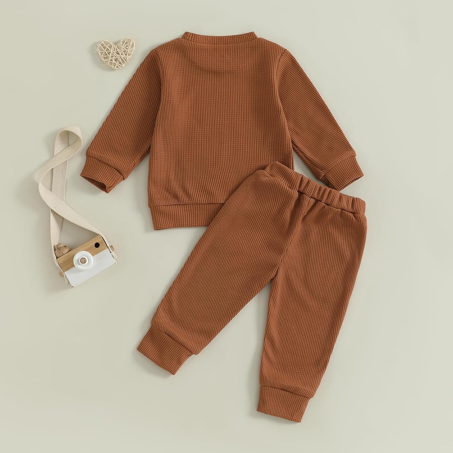 Gueuusu Toddler Baby Boy Girl Fall Outfit Letters Embroidery Long Sleeve Waffle Knit Sweatshirt and Pants Set - Image 4