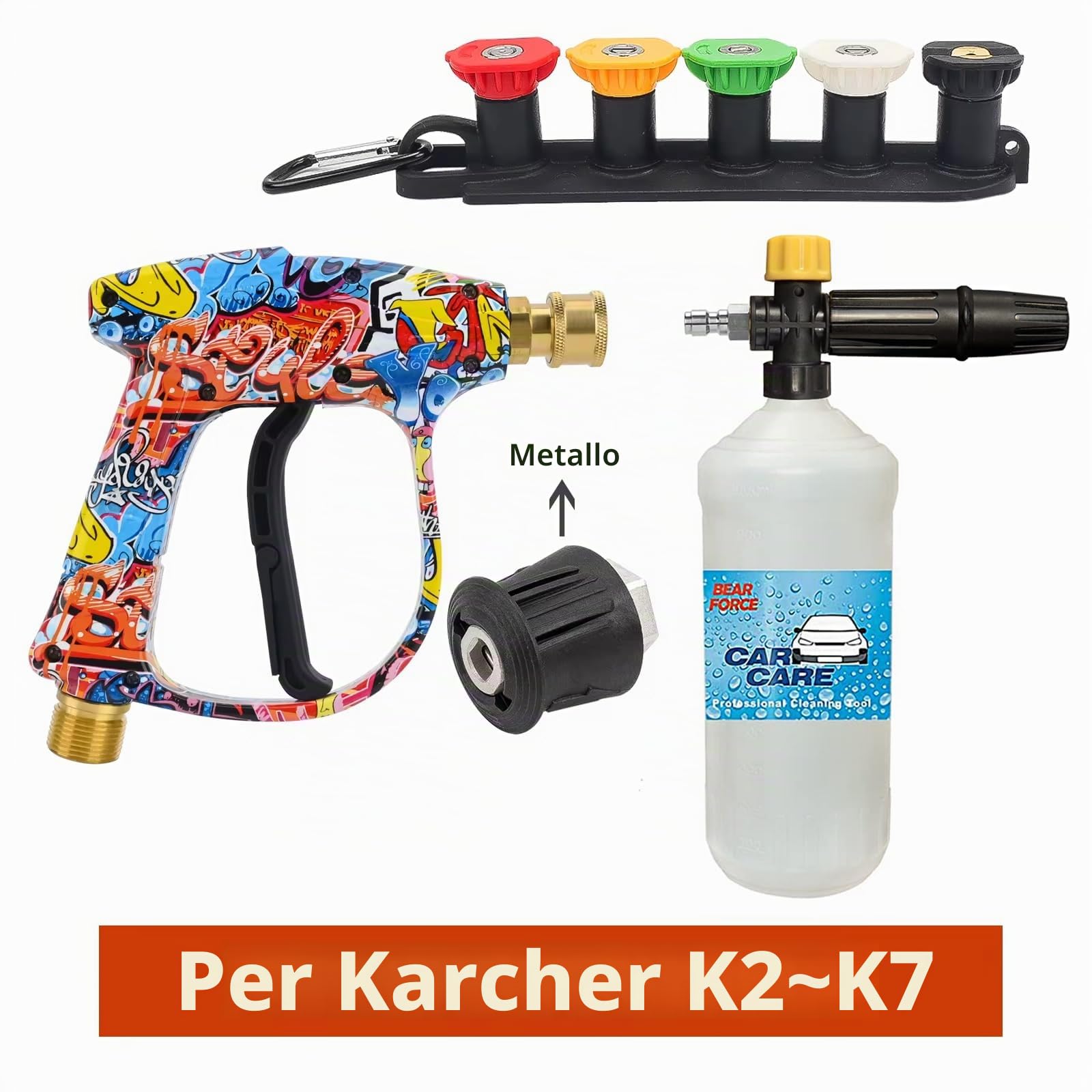 BEAR FORCE Pistola a spruzzo M22-ID14 mm con connettore rapido 1/4", lancia schiuma neve, 5 punte, supporto e convertitore clip per idropulitrice