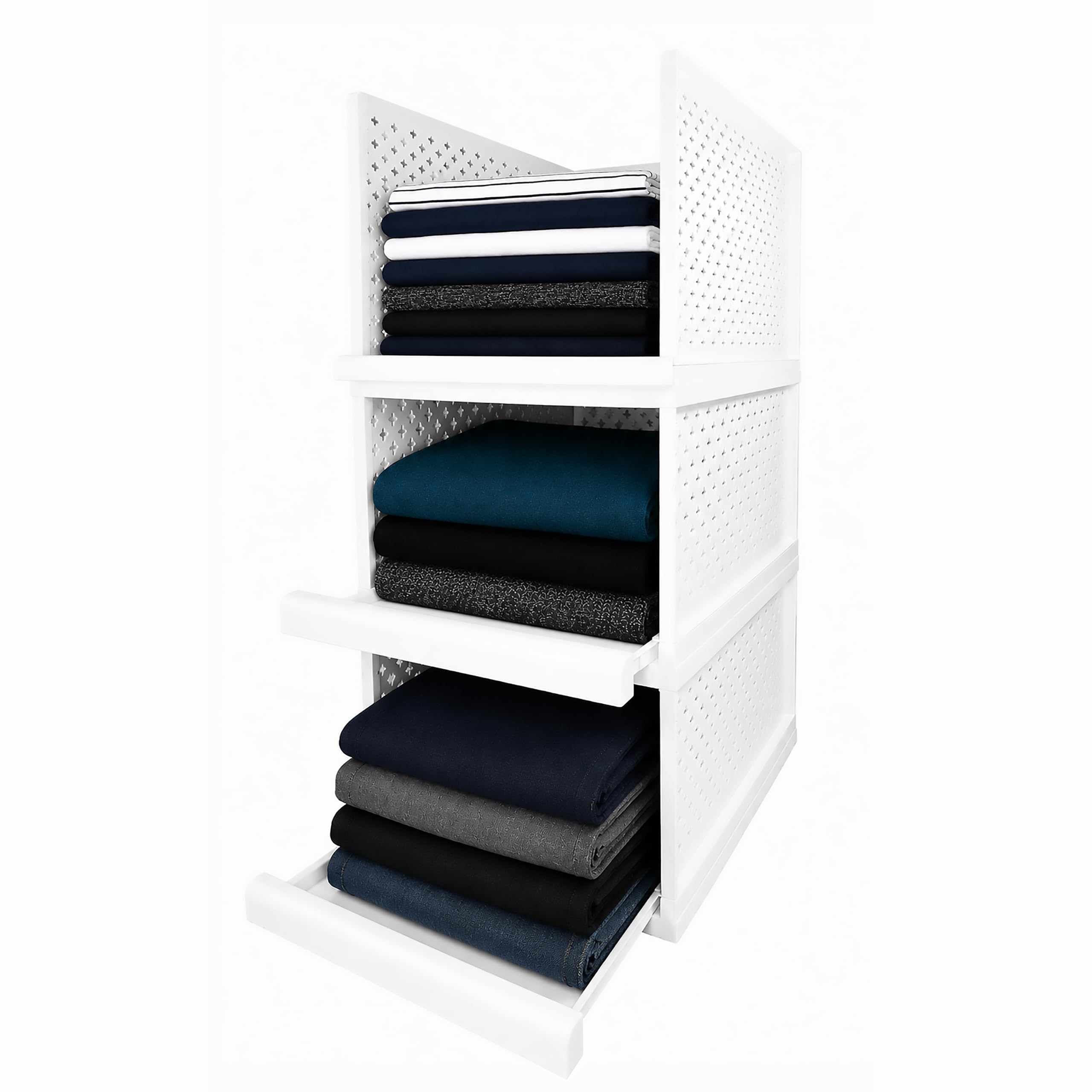 Organizador Armario - Bandejas Extraíbles - 3 Módulos Apilables | Acceso frontal - base antideslizante - tope de seguridad - optimiza espacio - organiza camisetas - pantalones y accesorios