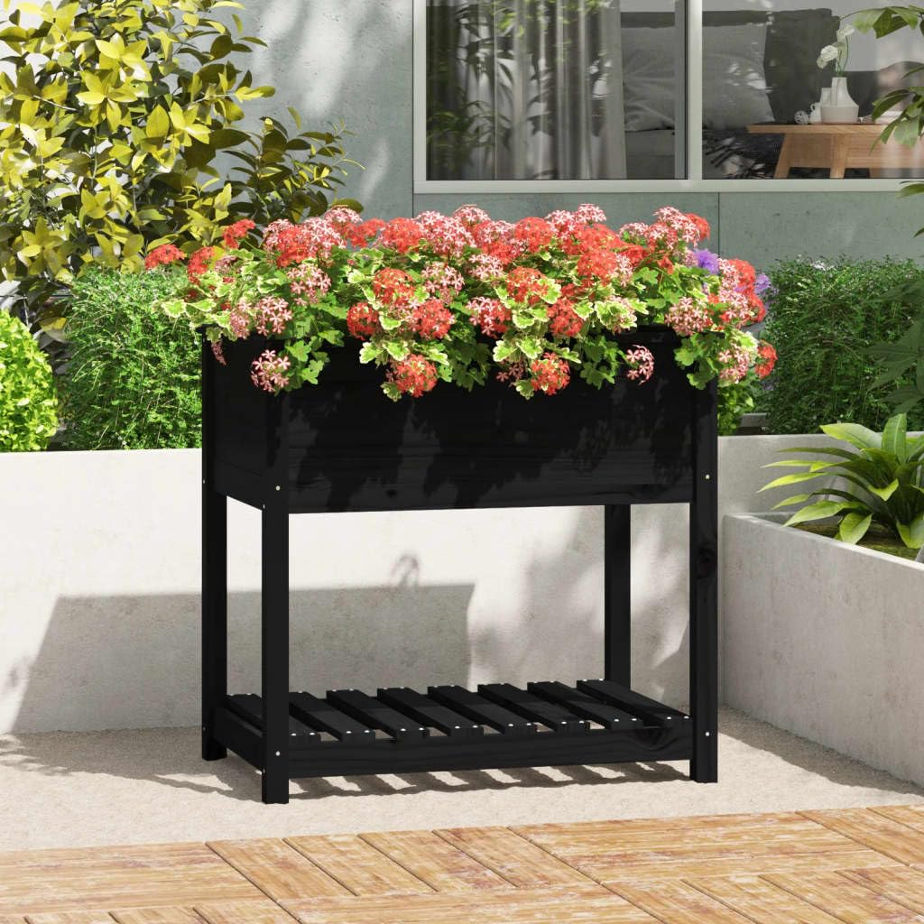 Jardinera con estante negro, 82,5 x 54 x 81 cm, madera maciza de pino para balcón y patio, jardinera elevada ergonómica con amplio espacio para plantas, huerto y hierbas aromáticas,