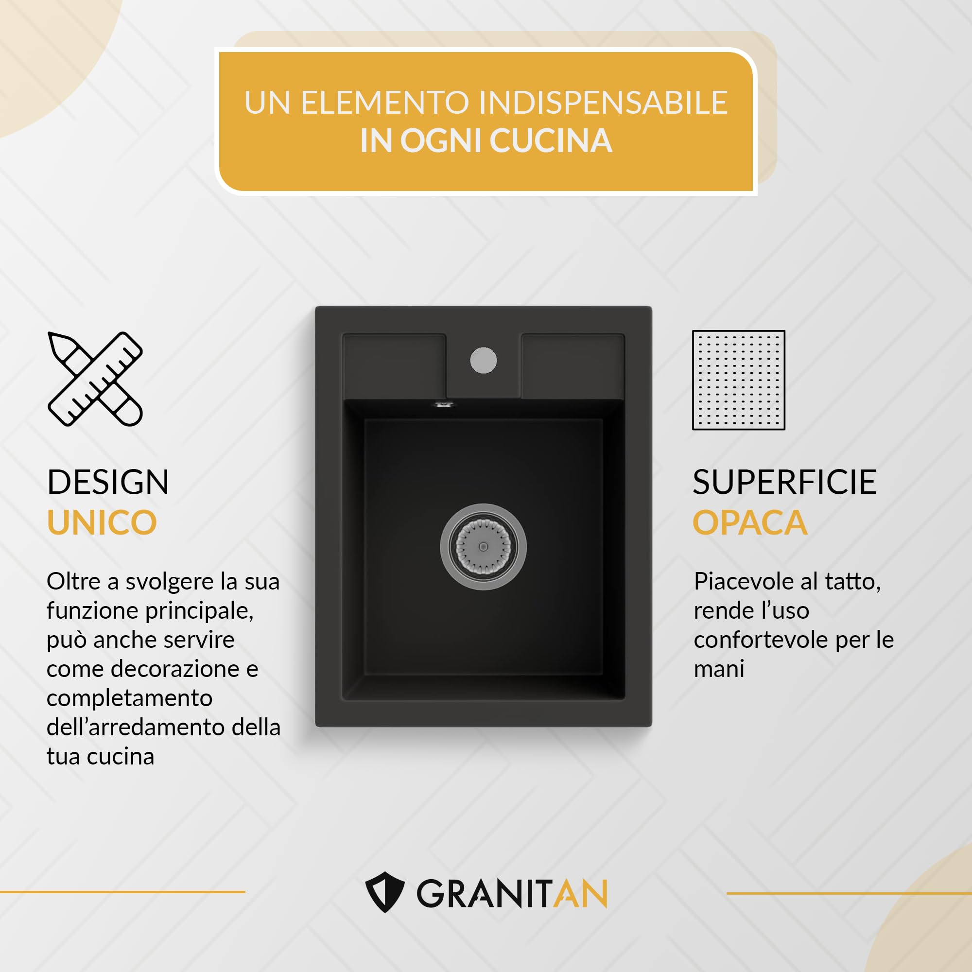 GRANITAN Lavello Cucina - Lavabo Cucina con Sifone Cromati + Impregnante 30 ml - Lavandino Cucina - Lavello Cucina 1 Vasca - Lavello 40x50 cm con Fori Preforati in Materiale Granito - Beige chiaro | Colino e impregnante, lavello con 1 lavello in granito c