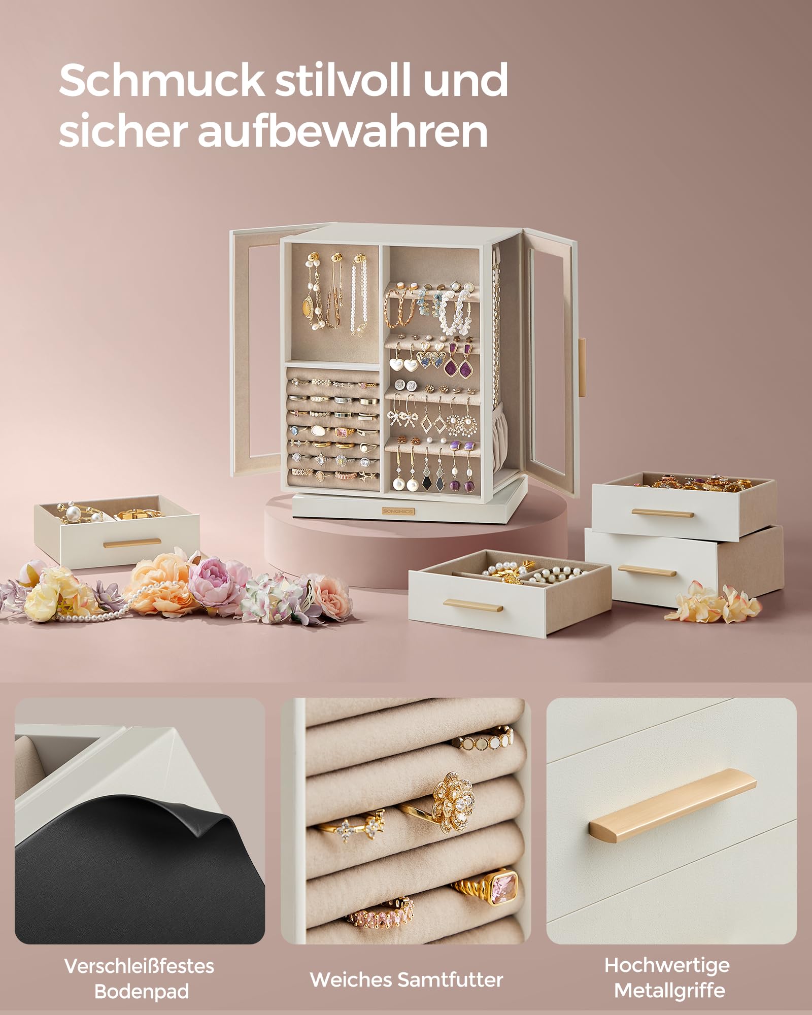 SONGMICS GISELLA Kollektion - Schmuckkästchen 360° drehbar, Schmuckkasten 5 Schubladen, seitliche Glasfenster, geräumig, vertikale Schmuckaufbewahrung, offen, Geschenkidee, wolkenweiß JBC170W01