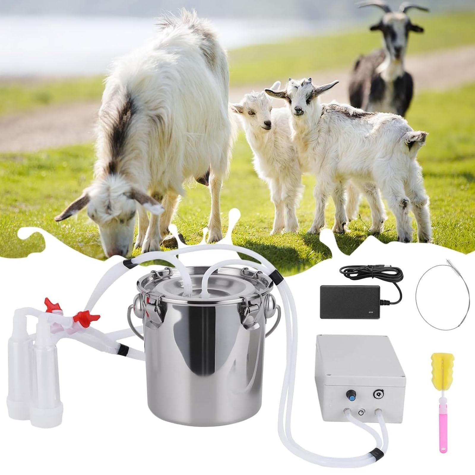Máquina de ordeño de Cabra de 14 L, ordeñador eléctrico automático con pulsación por vacío, cubeta de Acero Inoxidable 304 con Copas y Tubos de Silicona de Grado alimenticio, succión Ajustable