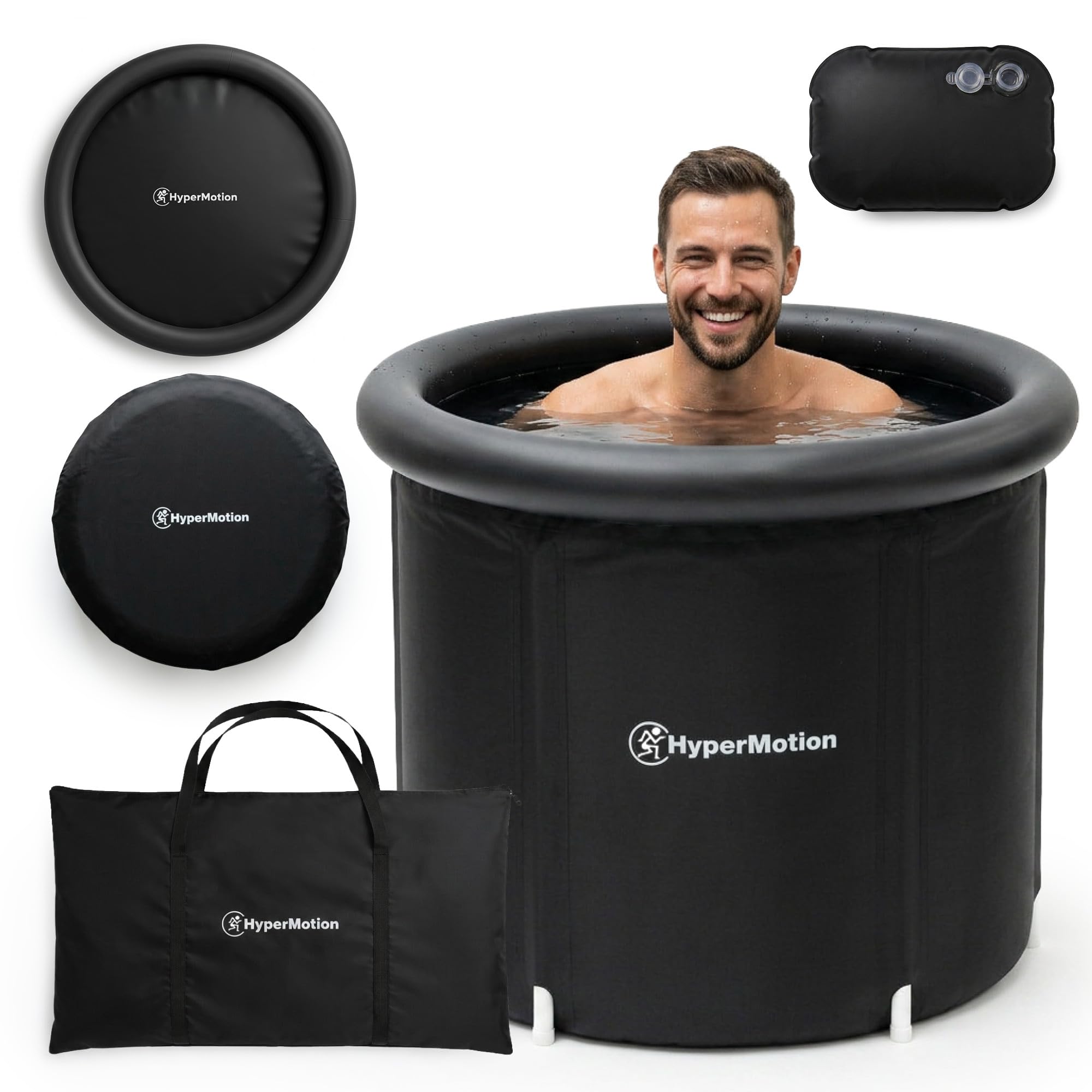 HyperMotion Bañera Morsada 330 L Plegable Cold Plunge Negra | Cuchara de hielo portátil con tapa aislante térmica, bomba, bolsa de transporte, desagüe y cojín de asiento