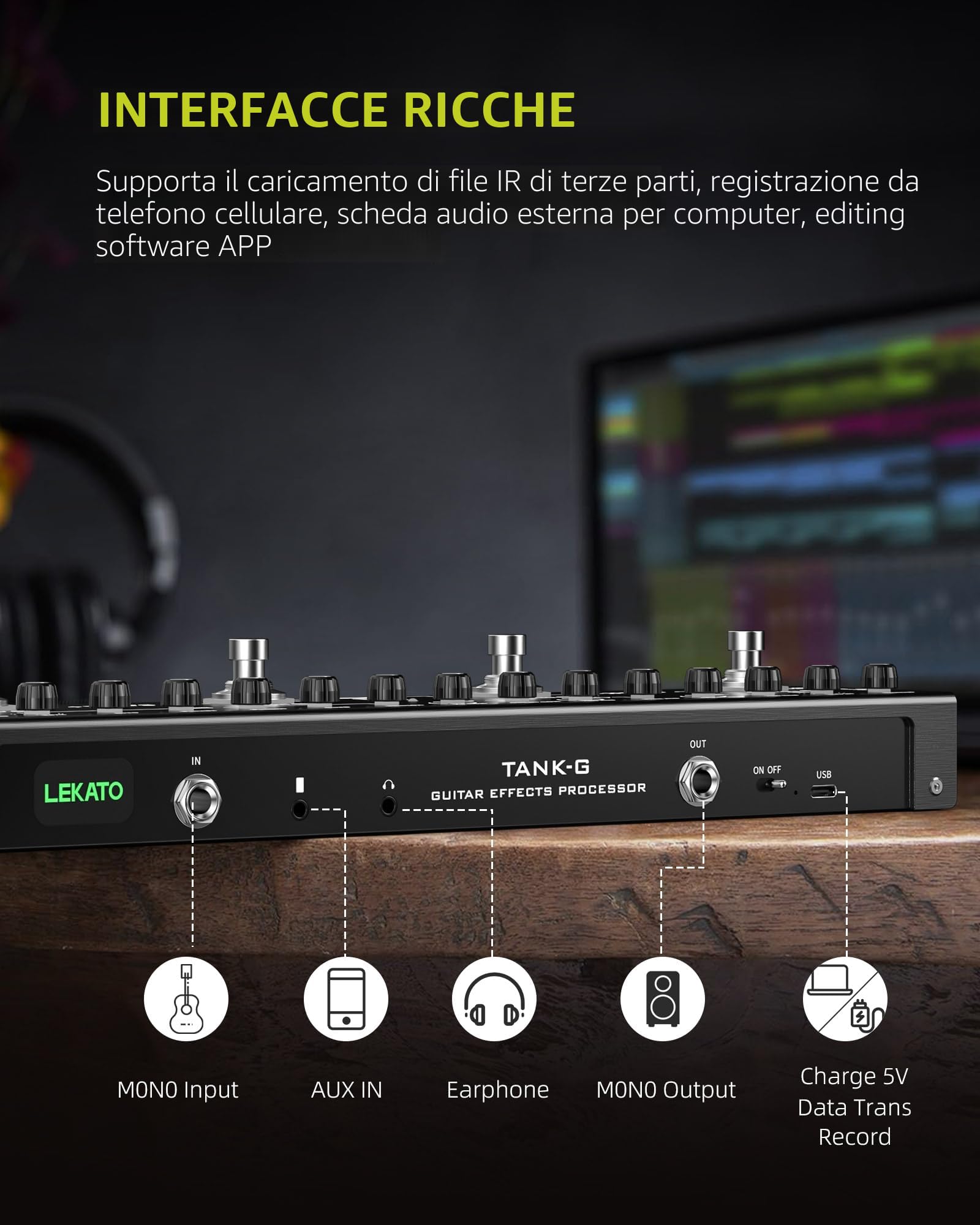 LEKATO Pedale per chitarra multi-effetto, 36 preset modificabili, coro, delay, reverbo, MOD, ricarica IR, registrazione, batteria integrata, connessione BT