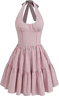 Women's Halter Mini Dress for Summer Striped Sleeveless Shirred Ruffle Dress Sexy Cute Vacation Outfits - Buy now