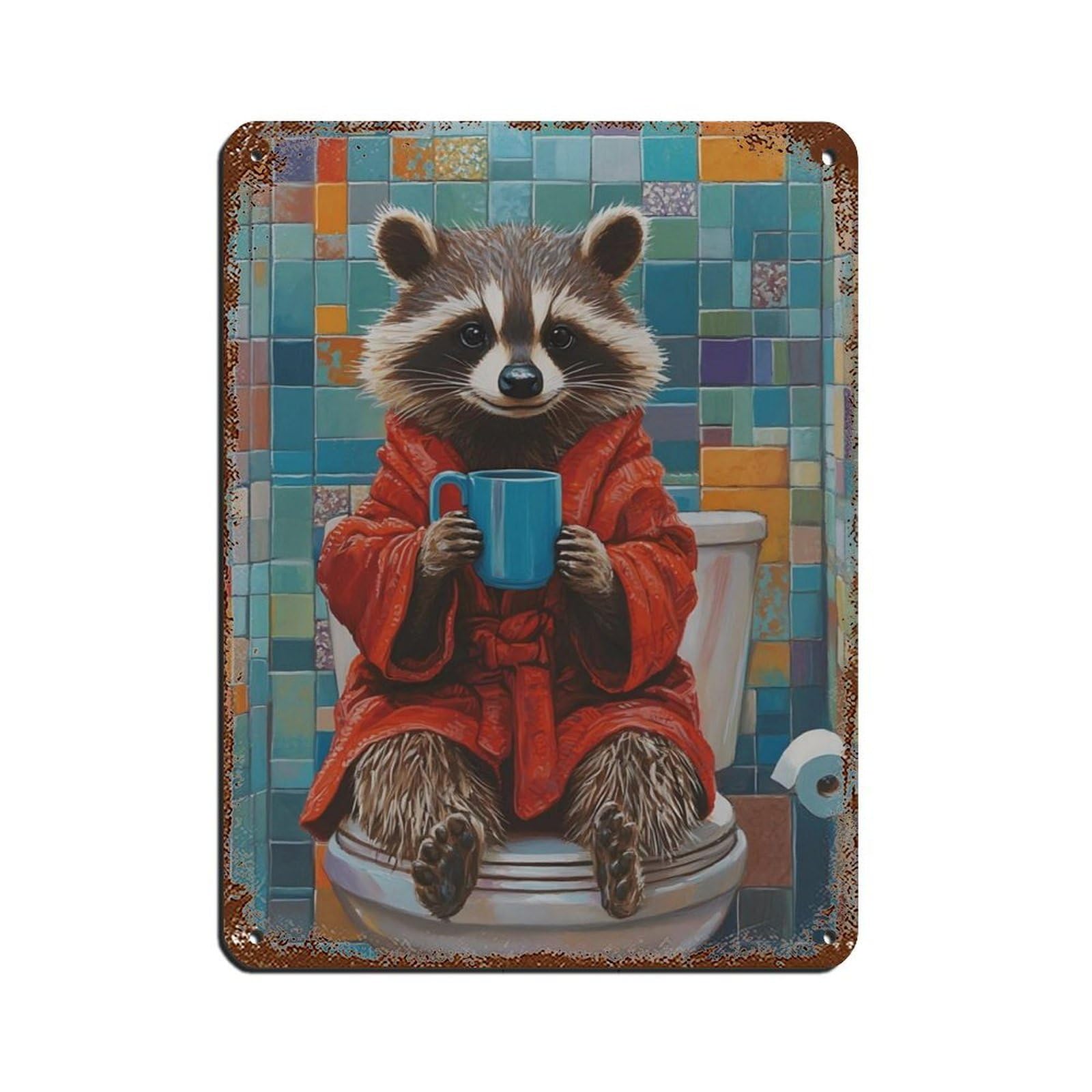 Lxwnze 30L X 40W Cm Cute Raccoon, Raccoon In Bathroom Tin Sign Vintage Metal Pub Club Cafe Bar Home Wall Art Decoration Poster Retro 12X16inch(30X40cm)