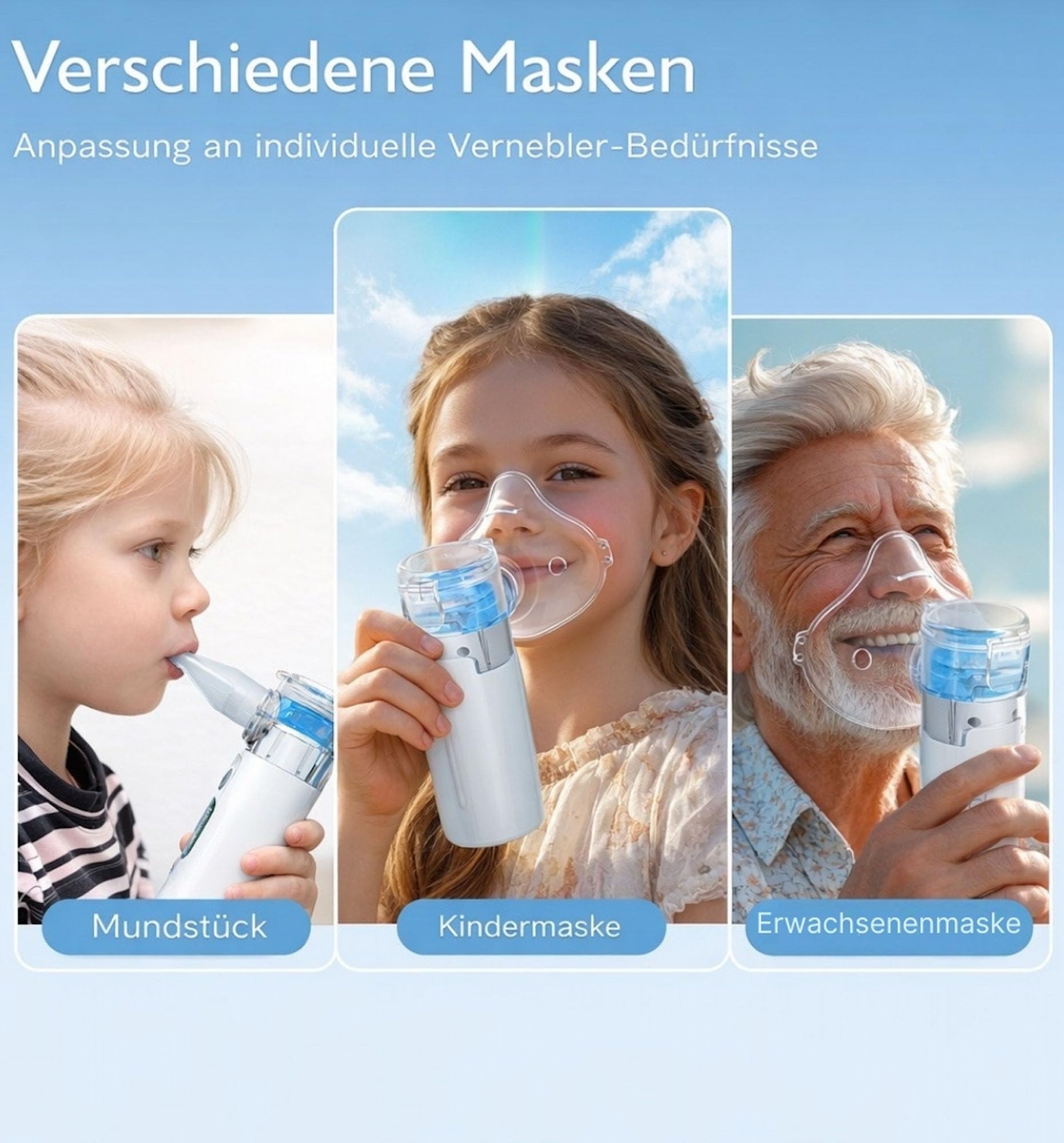 emmi MED - Inhalador para niños y adultos, pantalla LED, incluye 2 máscaras y 1 boquilla, función de limpieza automática, nebulizador, inhalador personalizable e ideal para viajes