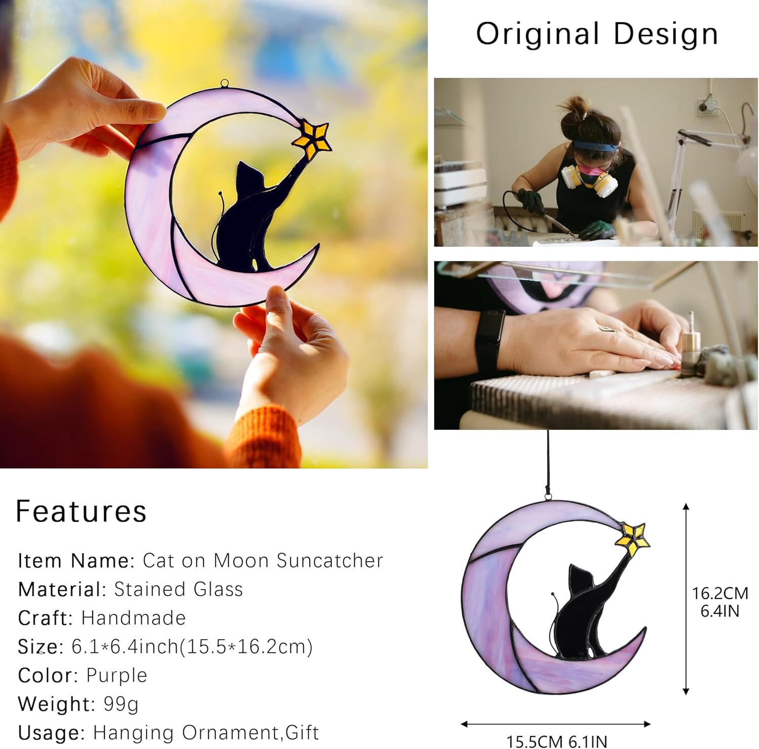 6pcs 50mm Crystal Heart Prism and Cat on Purple Moon Stained Glass Window Hanging Suncatcher