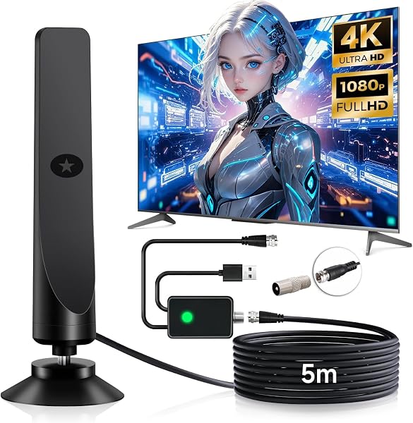 室内アンテナ テレビアンテナ【強力ブースター搭載】地デジアンテナ 4K/1080p対応 HDTV 内蔵5m 受信距離最大500KM 360°全方位受信 USB式信号増強 設置簡単 薄型 &小型 軽量 VHF/UHF兼用 高感度 高性能 無料視聴 屋内/屋外兼用 日本語取扱説明書付き - 1
