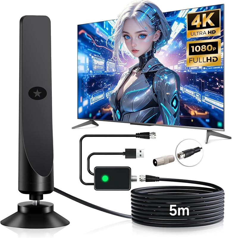 室内アンテナ テレビアンテナ【強力ブースター搭載】地デジアンテナ 4K/1080p対応 HDTV 内蔵5m 受信距離最大500KM 360°全方位受信 USB式信号増強 設置簡単 薄型 &小型 軽量 VHF/UHF兼用 高感度 高性能 無料視聴 屋内/屋外兼用 日本語取扱説明書付き