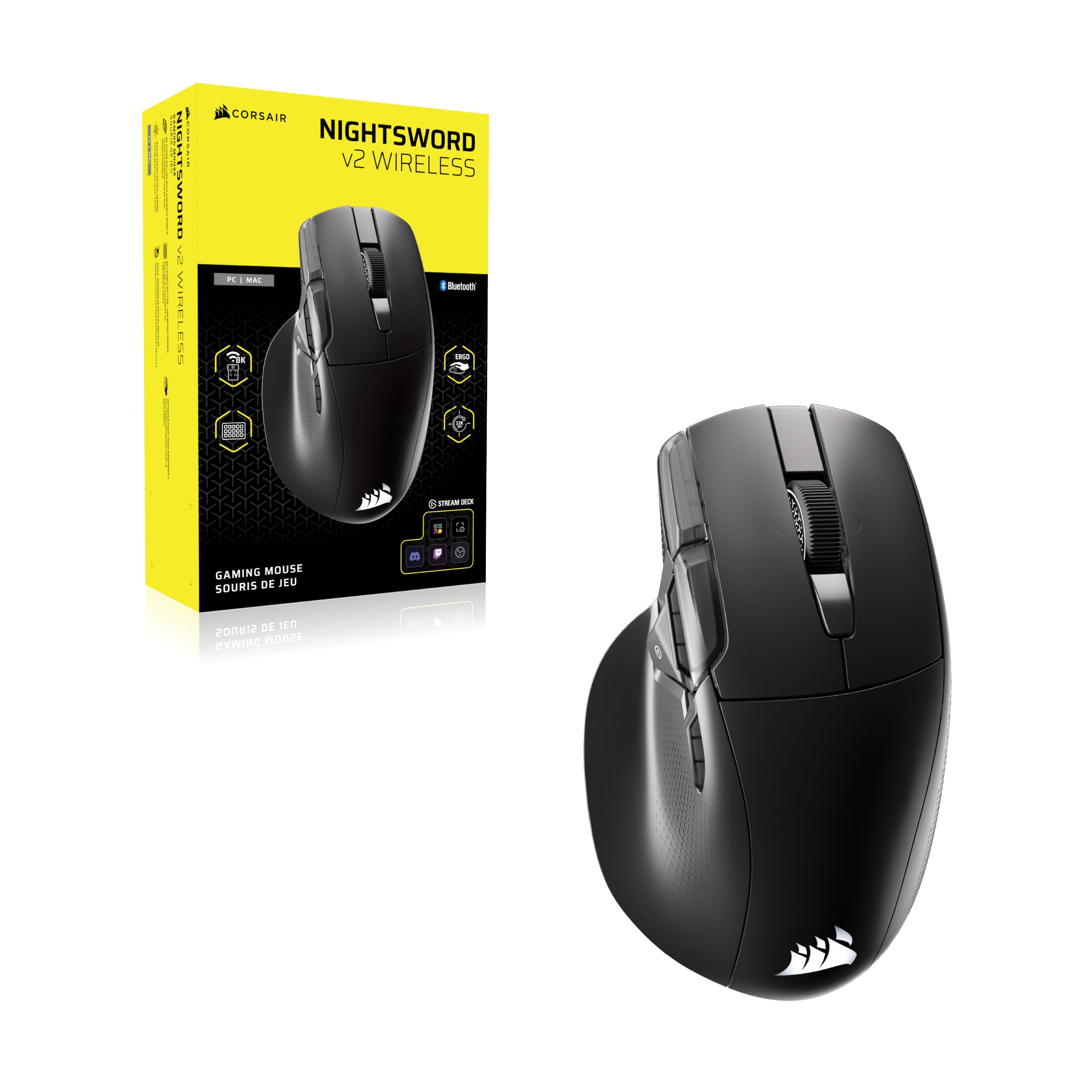 Corsair NIGHTSWORD v2 Wireless SD Gaming-Maus – Schwarz | Stream Deck-Taste, 8000Hz Hyper-Polling, 33K DPI, Ergonomisches Design, Bis zu 170 Stunden Akkulaufzeit