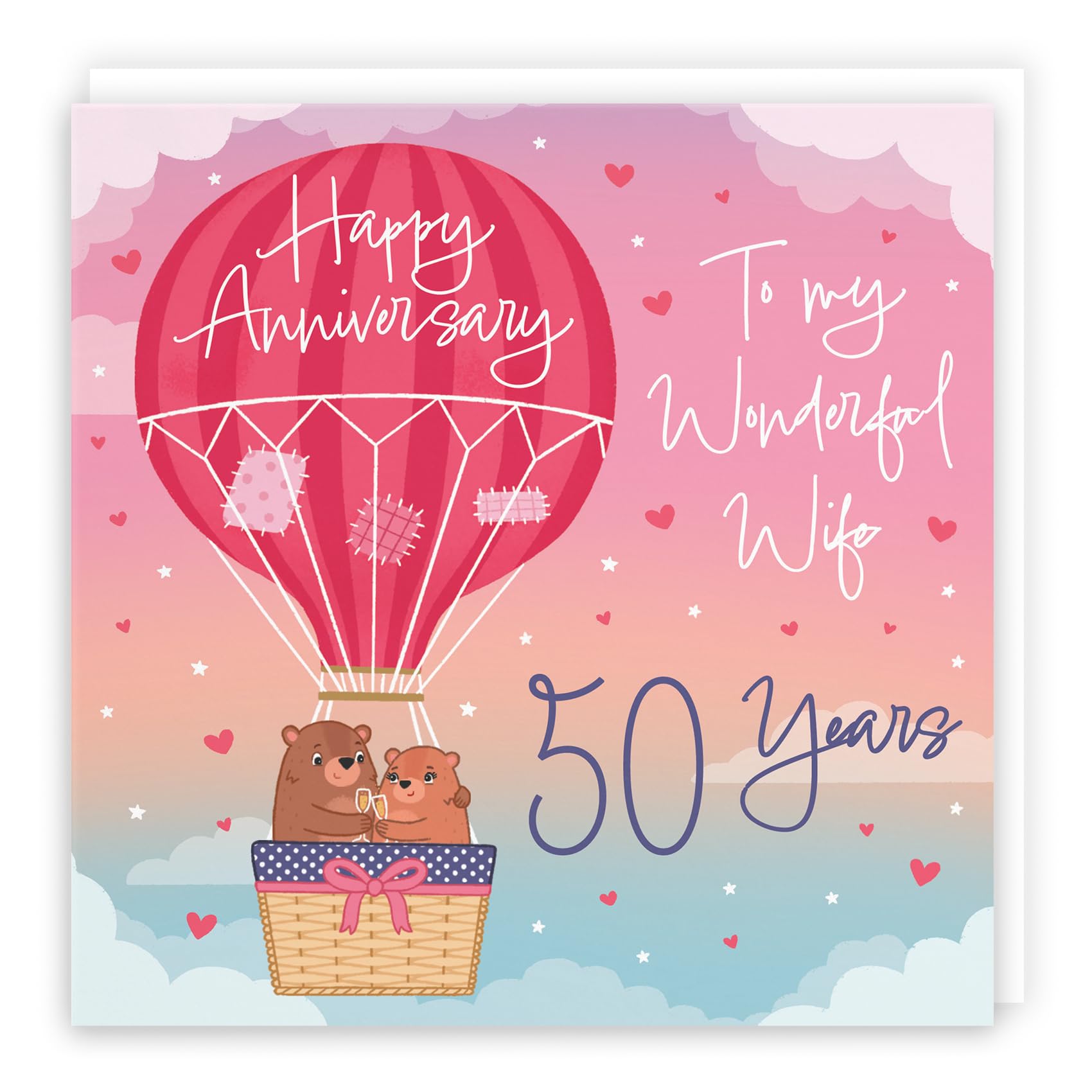 Hunts England, 50th Wife Hot Air Balloon Anniversary Card, Cute Bears Collection, Luxury 50th Anniversary Card For Wife