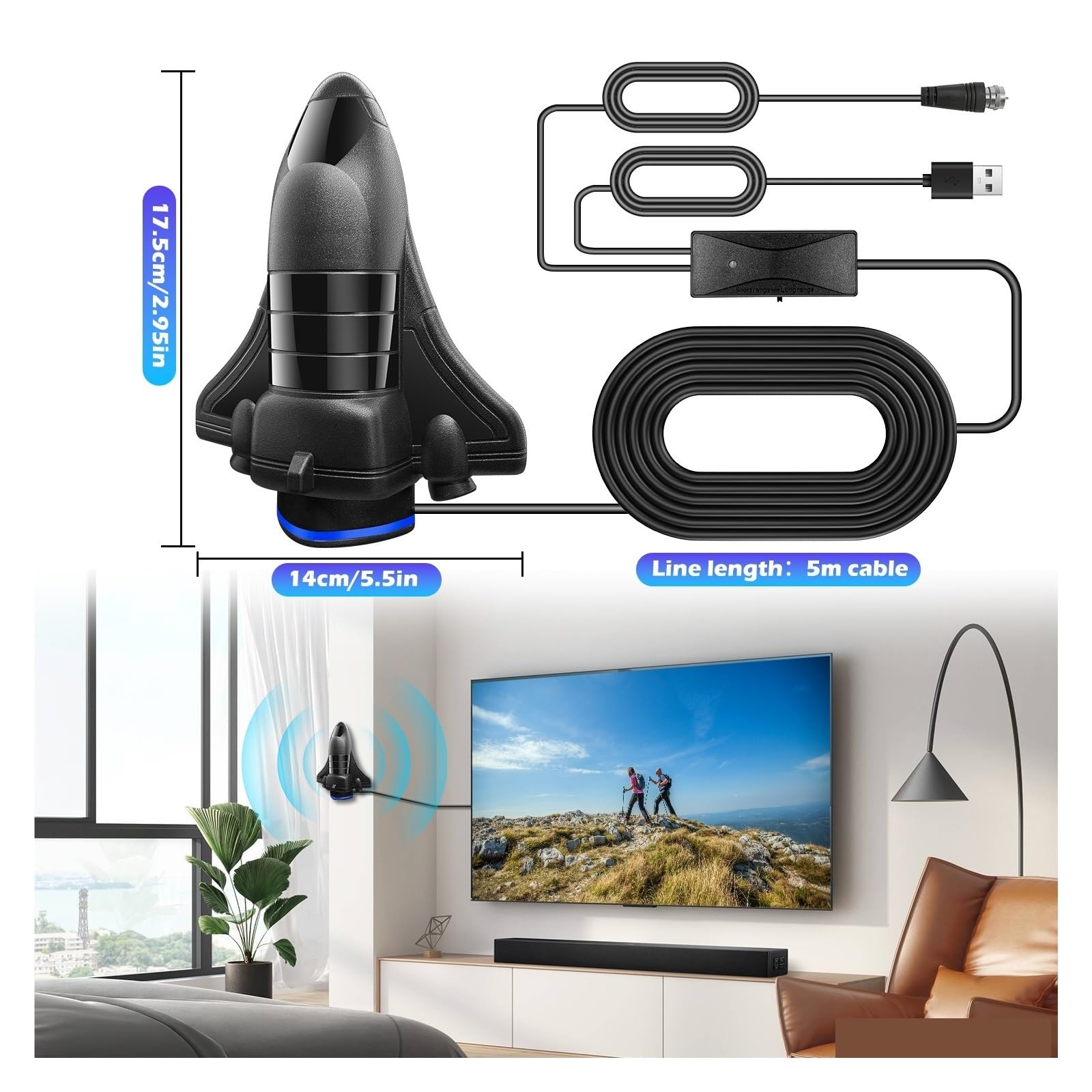 Antenna TV Con Portata Di Oltre 3200 Miglia, Digitale For Interni Ed Esterni Amplificatore Segnale, Antenne HDTV Portatili Che Supportano 4K Copertura più ampia(Blue)