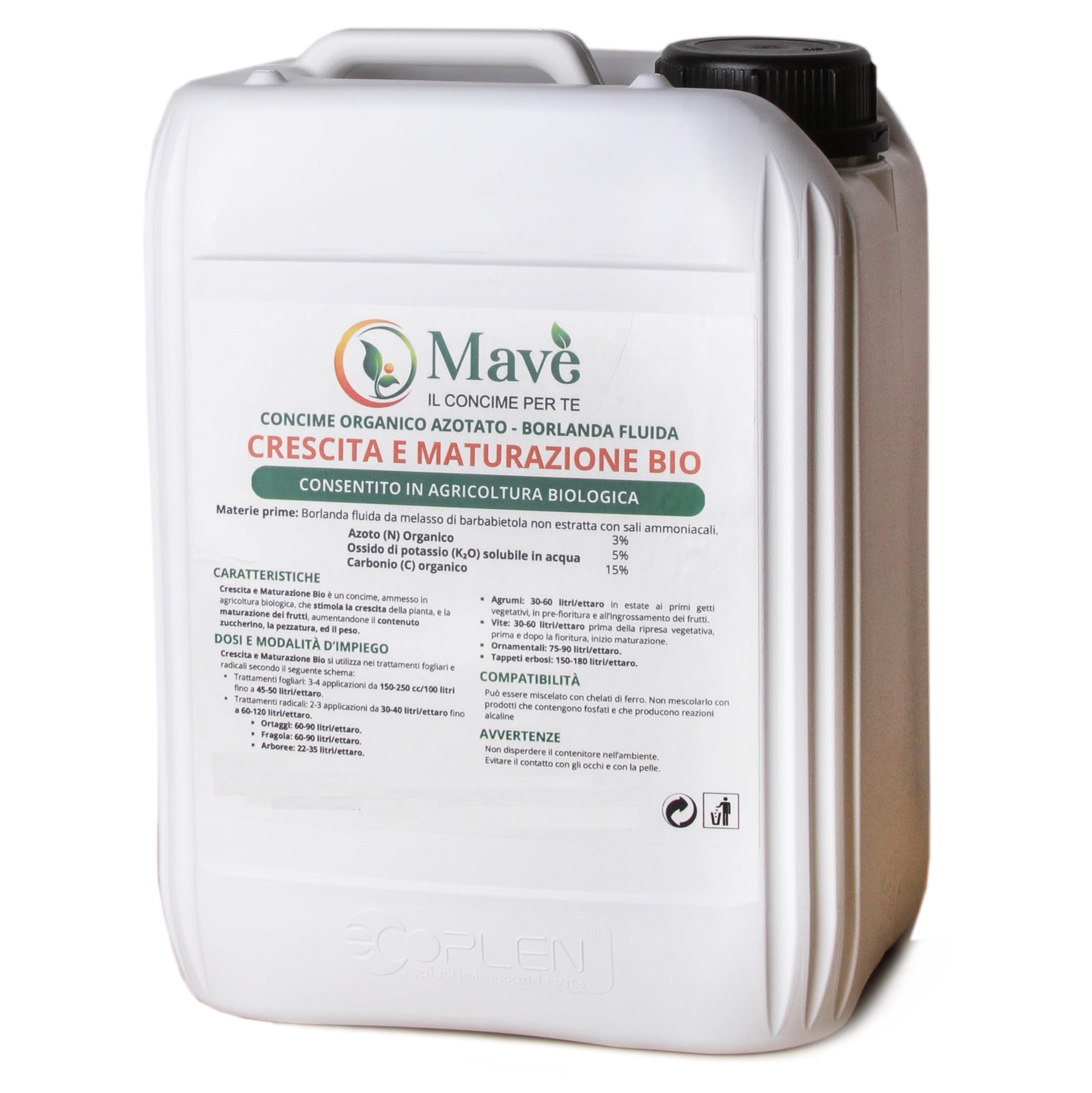 Borlanda fluida biologica 25,6 kg per piante - concime biologico per alberi, orto, frutta - Mavè crescita e maturazione bio