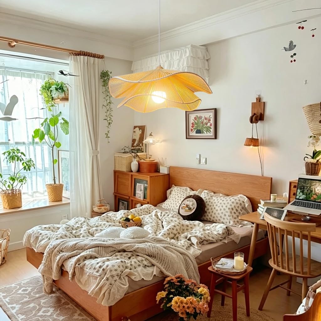 Lustre En Osier LED Suspension Tressé À La Main Lustre Rétro En Forme De Pétales Lampe Table À Manger Moderne Style Bohème Idéal Pour Salle À Manger Îlot De Cuisine Salon(Beige,40cm)