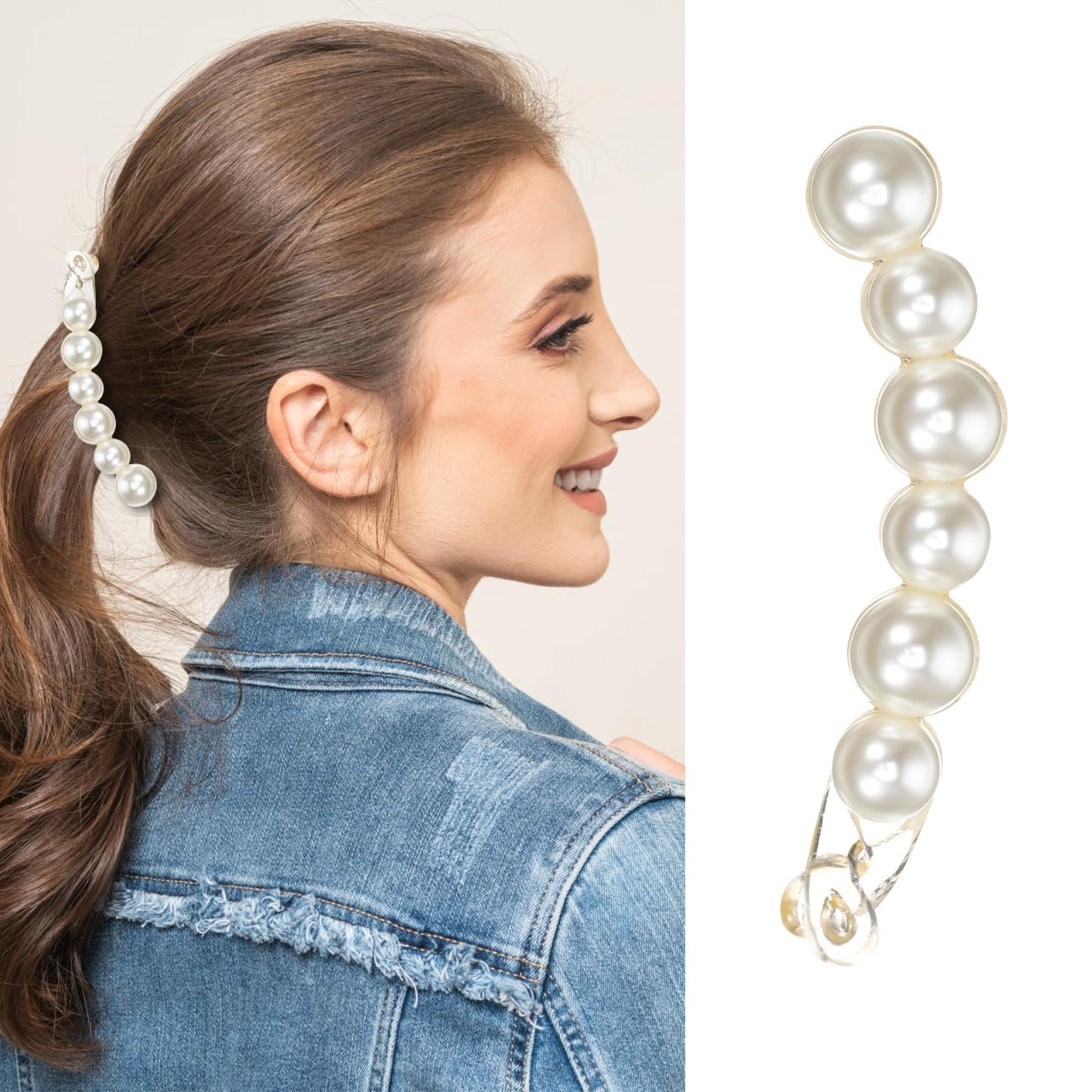 FRCOLOR Pearl Banana Hair Clip – French Ponytail Comb Barrette for Thick or Fine Hair Elegant White Accessory for Damage-Free Clamp Women & Girls (White)