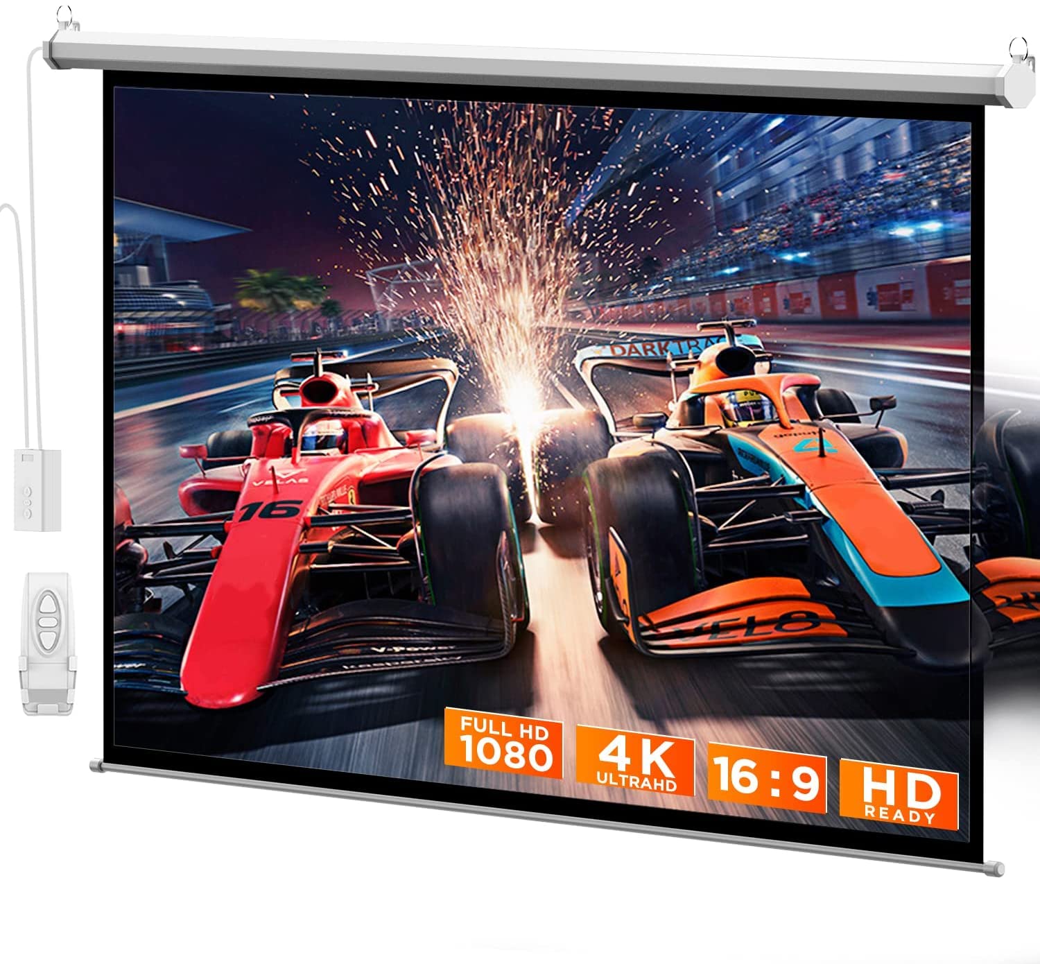 Photo 1 of Motorized Projector Screen 100 Inch - Electric Projector Screen Motorized Indoor and Outdoor Movies Screen Pull Down, 16:9 4K 3D HD Compatible, Wall/Ceiling Mount, Ultra-Quiet, W/Remote Control