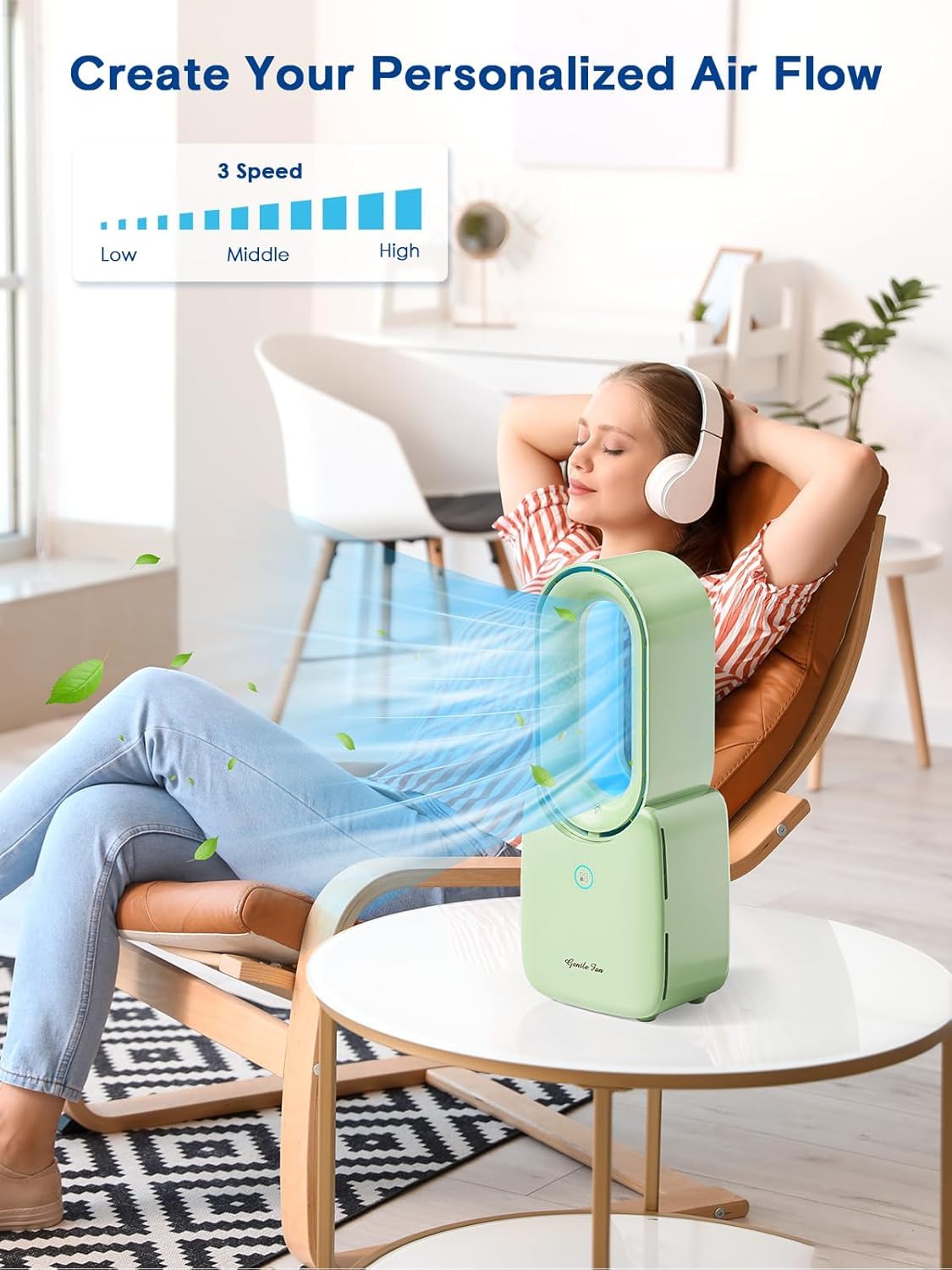 Let'me Desk Fan for Bedroom, 11.8 Inch Bladeless Desk Fan with RGB Ambient Light, 5 Colors & Color Cycling Mode, 3 Speeds Quiet Small USB Cooling Table Fan for Office Desktop Personal - 4