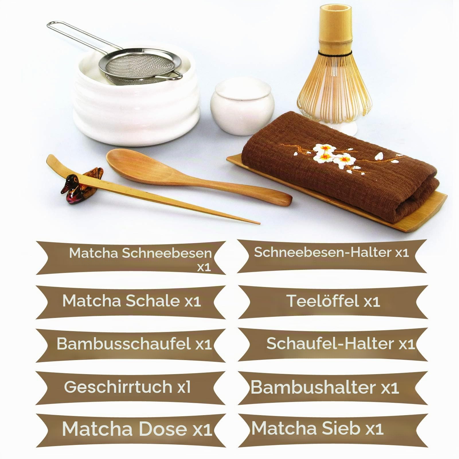Artcome 10-teiliges japanisches Matcha-Teeset, Matcha-Schale, Matcha-Schneebesen, Schneebesenhalter, traditionelle Schaufel, Teelöffel, Geschirrtuch, Matcha-Pulverbehälter, Matcha-Pulversieb (weiß)