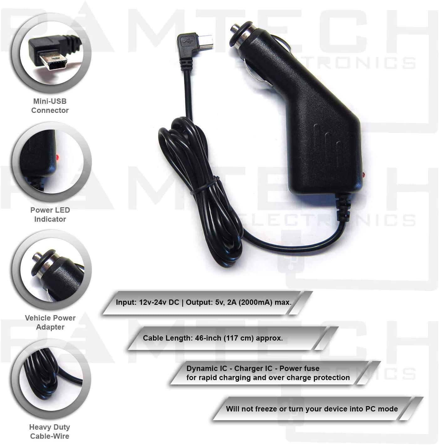 Ramtech 2A DC Mini USB Car Vehicle Power Charger + Micro USB Data Transfer Cable Kit for Garmin Dezl 560LMT/760LMT/770LMTHD/780 LMT-S | DezlCam 785 LMT-S/LMTHD - CHMCU