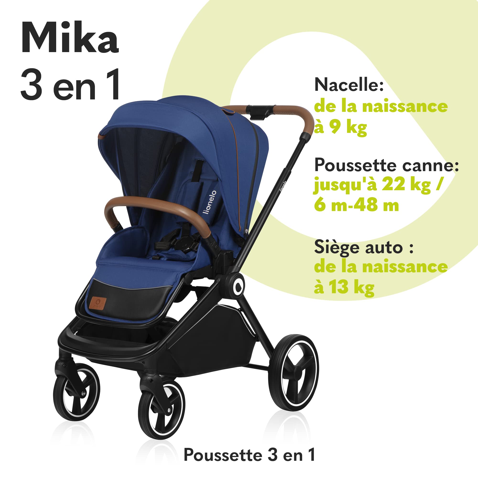 LIONELO Mika poussette bébé confort 3 en 1, poussette compacte, nacelle, siège auto, porte-bébé, moustiquaire, un chauffe-pieds un habillage de pluie