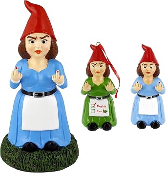Gnometastic Lady Double Bird Gift Bundle 3 Items - Regular Size + Mini + Holiday Ornament - Funny, Naughty Female Gnome Decoration for Lawn, Indoor, Tree & Holiday