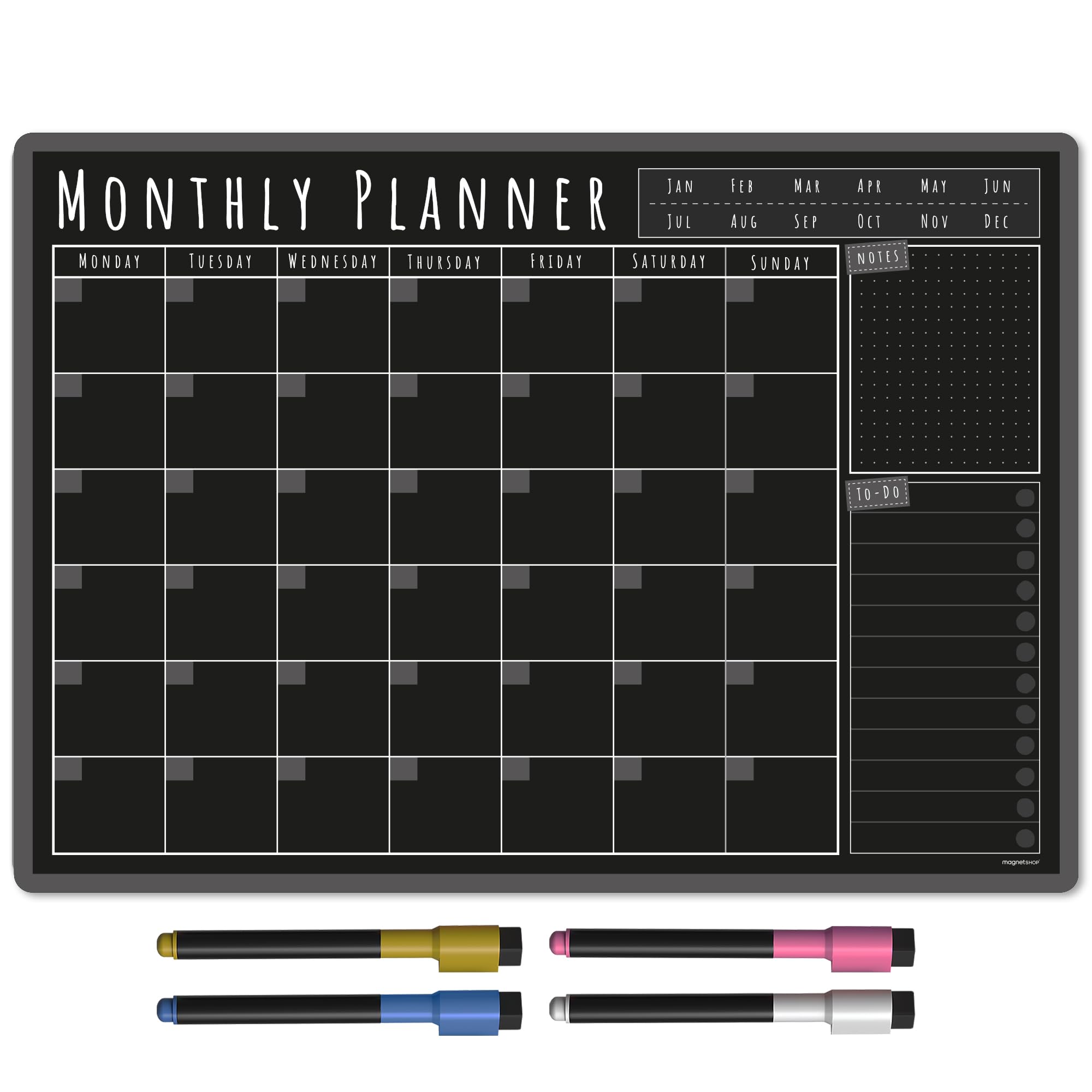 TMS A3 Weekly Planner Whiteboard | Magnetic Calendar for Fridge and Dry Wipe Pens | Meal or Family Planner for Kitchen (Blackboard, A3-Monthly)