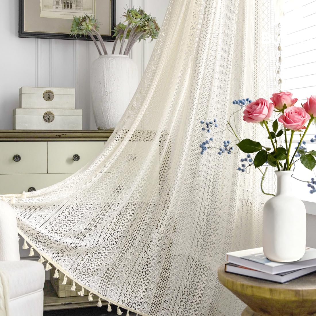 Cortinas de ganchillo de estilo rústico vintage, juego de 2 unidades, transparentes, decorativas, borlas borlas, cortinas beige vintage para salón, dormitorio, cortinas (150 x 160 cm, monedas de cobre